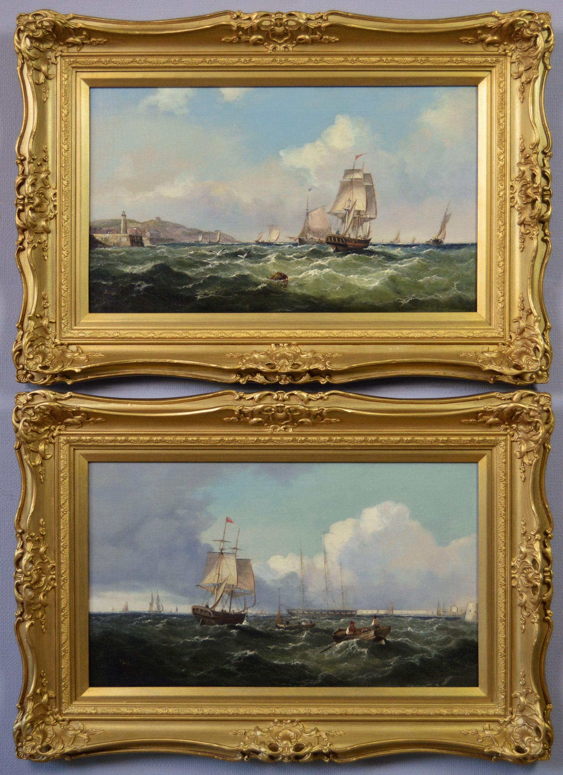 19th Century pair of marine oil paintings of ships off Scarborough & Portsmouth