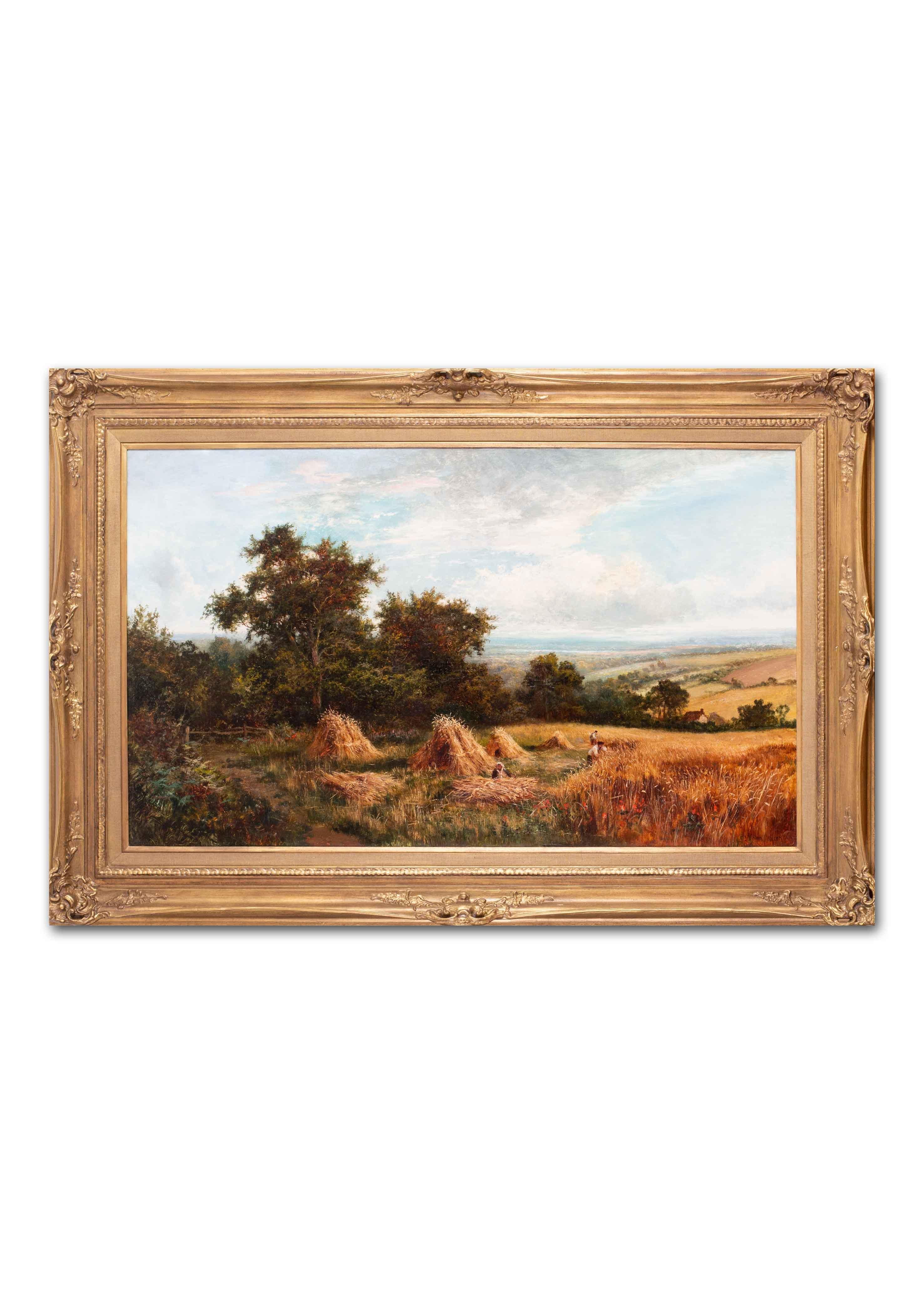 Large, British 19th Century oil painting of Harvest time - Brown Landscape Painting by John James Wilson