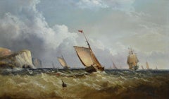 Pair of 19th century marine oil paintings of shipping off a coast & a harbour
