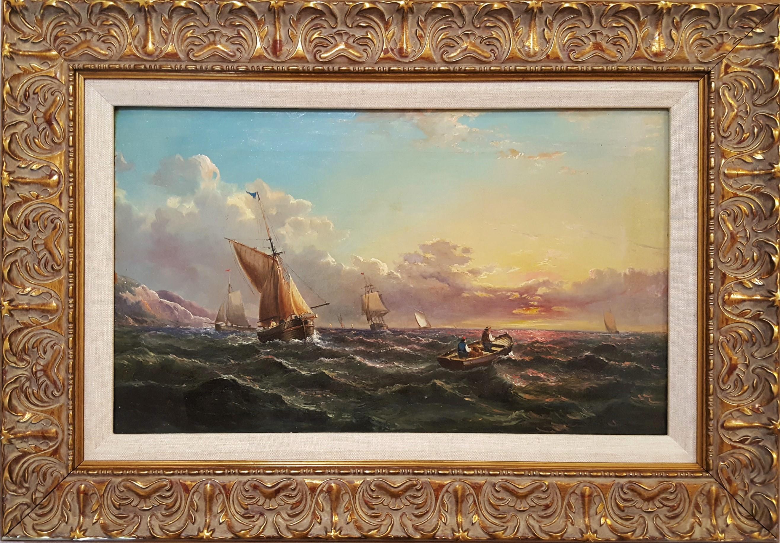Sailing Ships at Sunset off Dover Coast, UK - Painting by John James Wilson