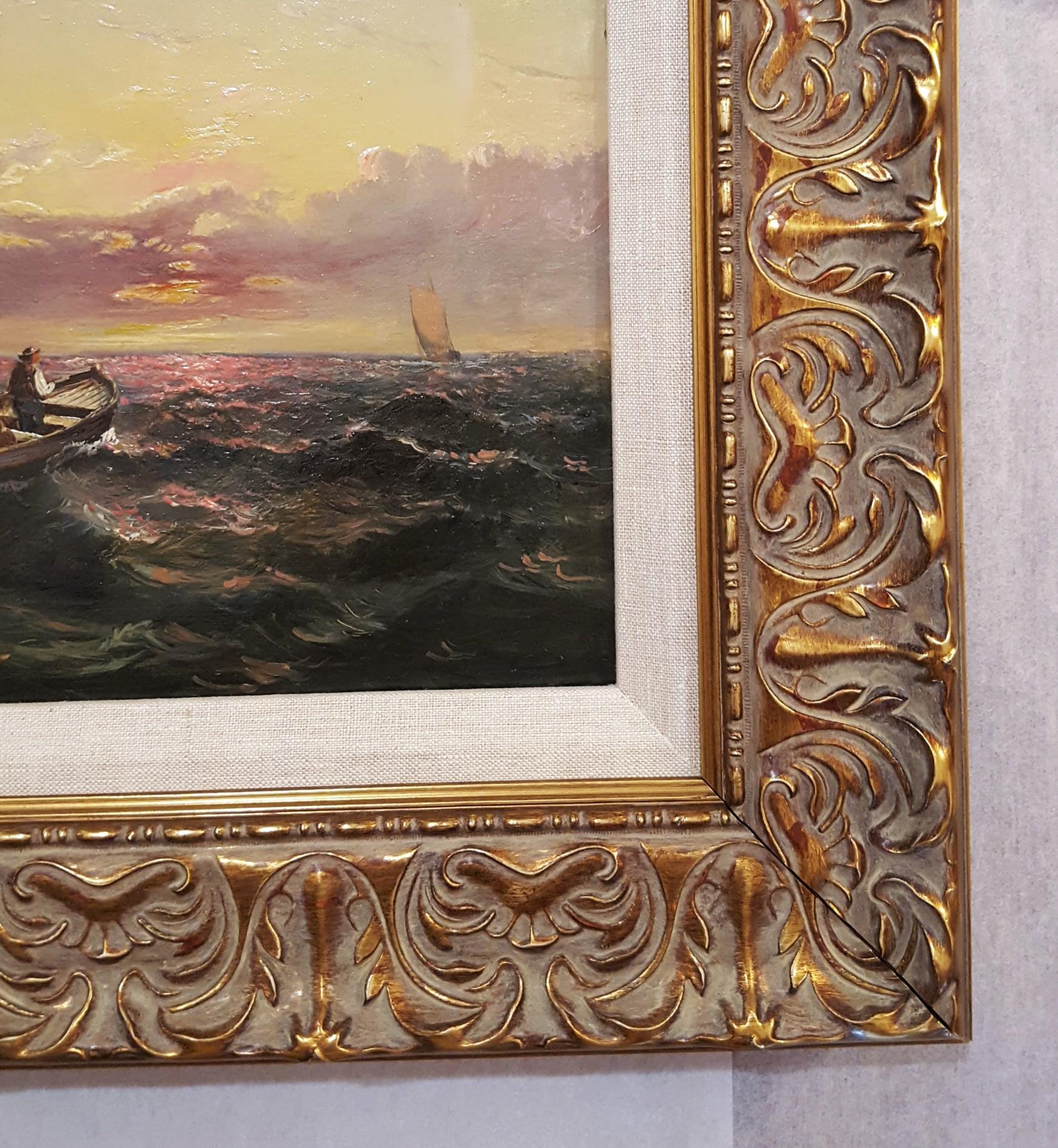 Sailing Ships at Sunset off Dover Coast, UK - Brown Landscape Painting by John James Wilson