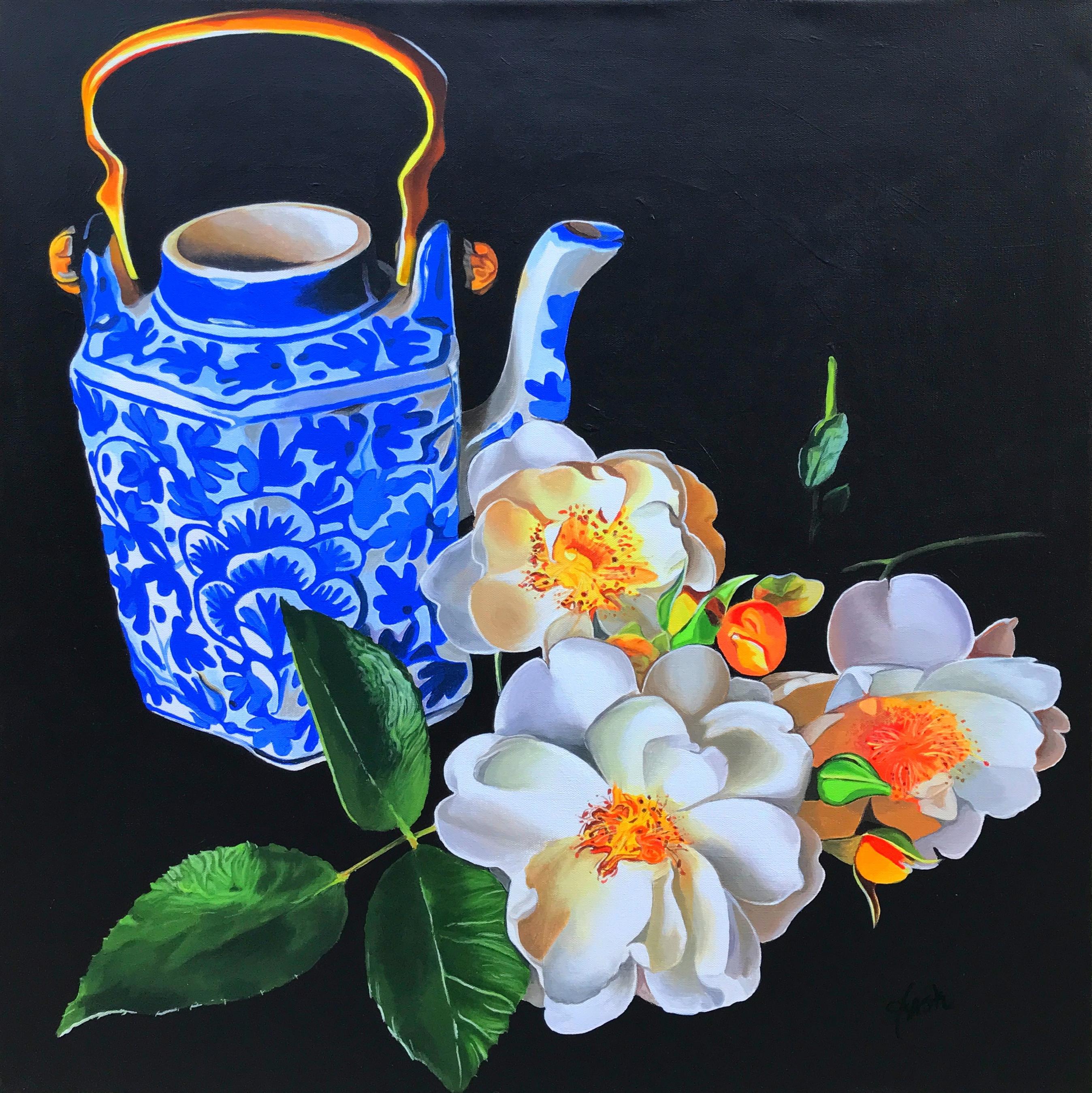 John Jaster Still-Life Painting – Blaue Teekanne und Rosen, Originalgemälde