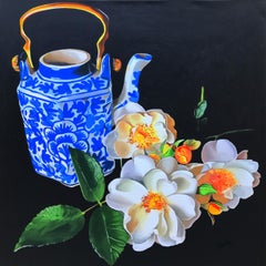 Blaue Teekanne und Rosen, Originalgemälde
