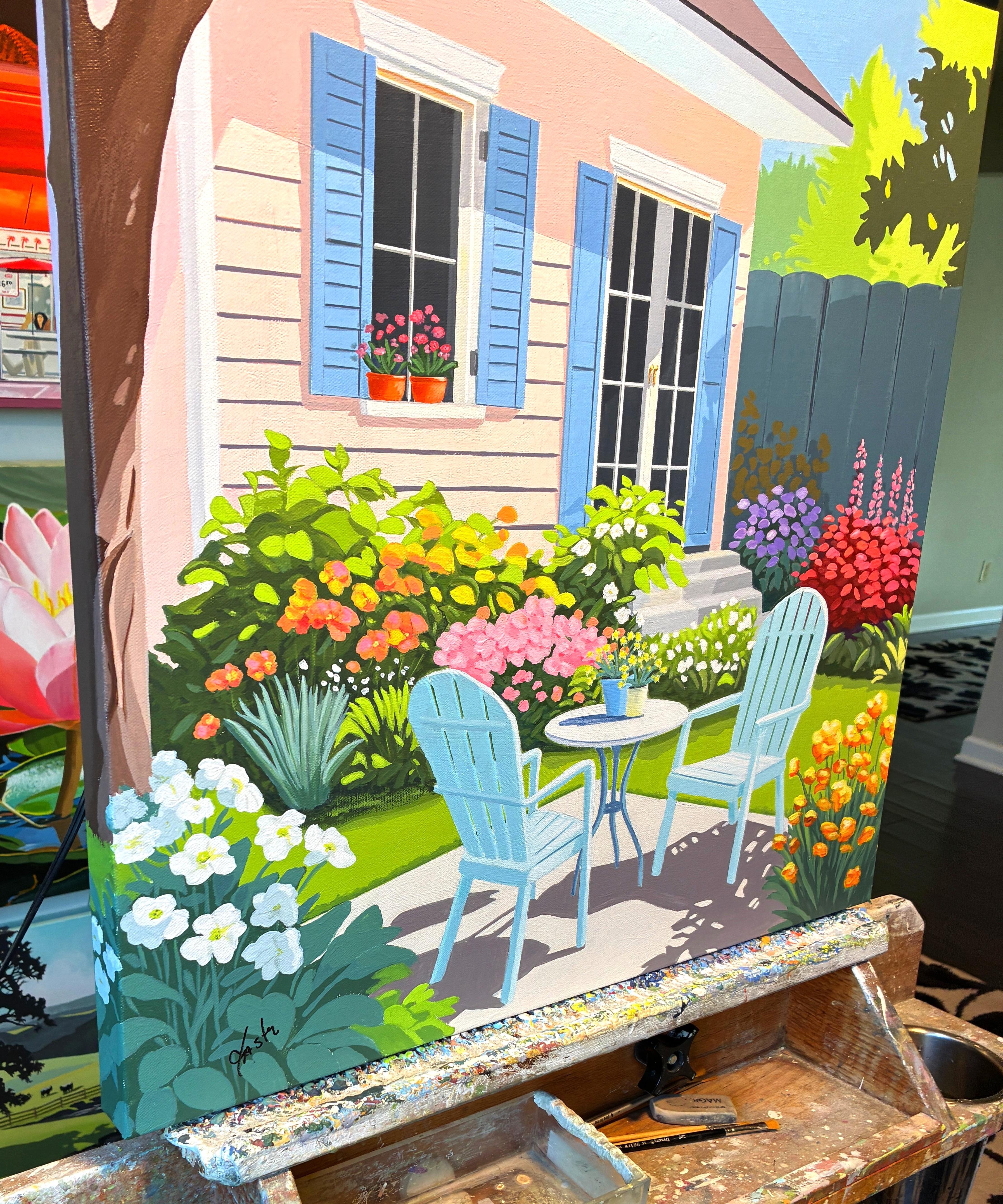 Nascondiglio in giardino, dipinto originale - Painting di John Jaster