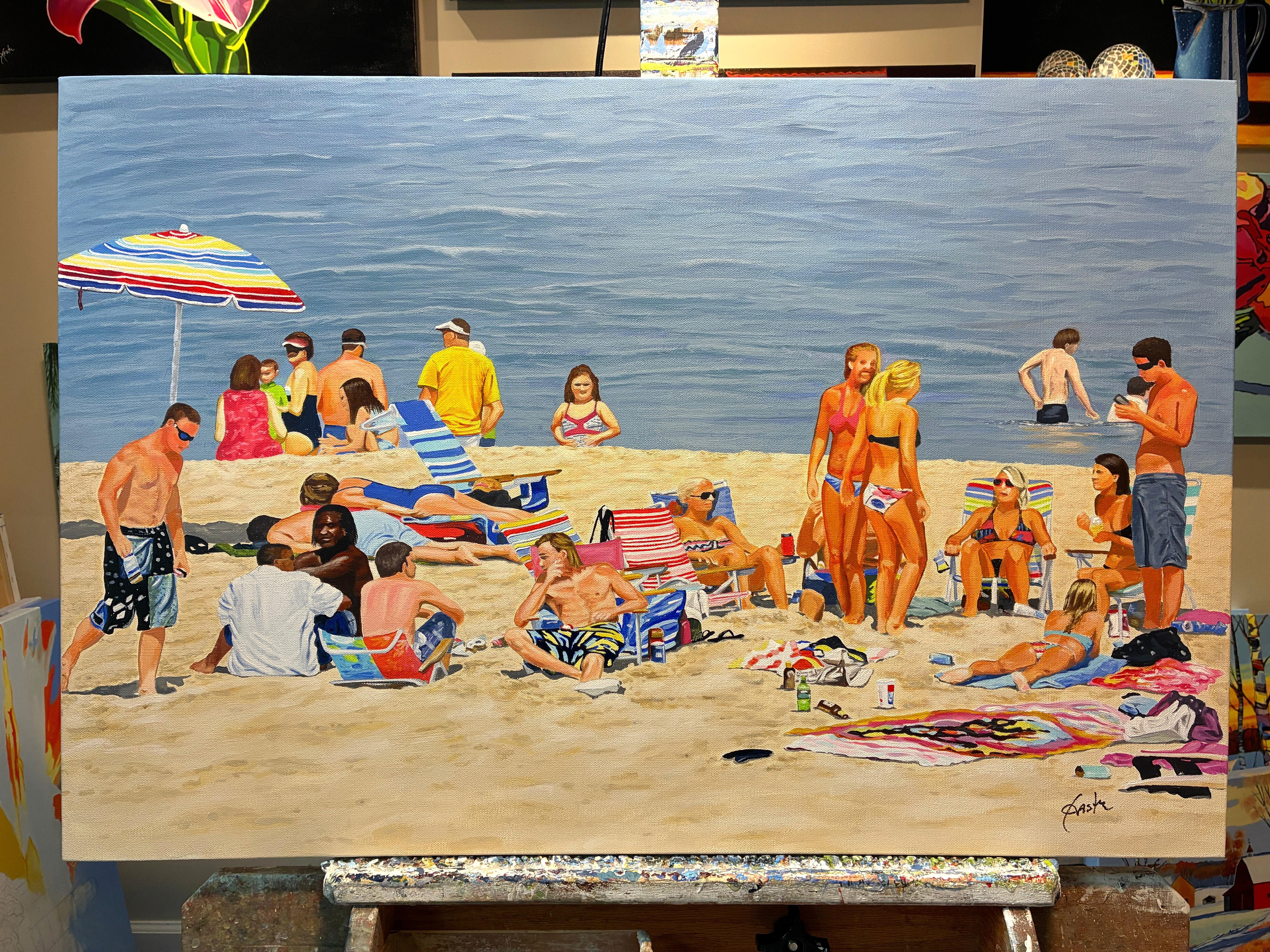 <p>Artist Comments<br>A group of people gathers on a beach. Some sit on chairs or towels, others stand, talk, or drink, but all enjoy the sun and sand. The wide, muted blue ocean in the background contrasts with the vivid colors and lively gathering