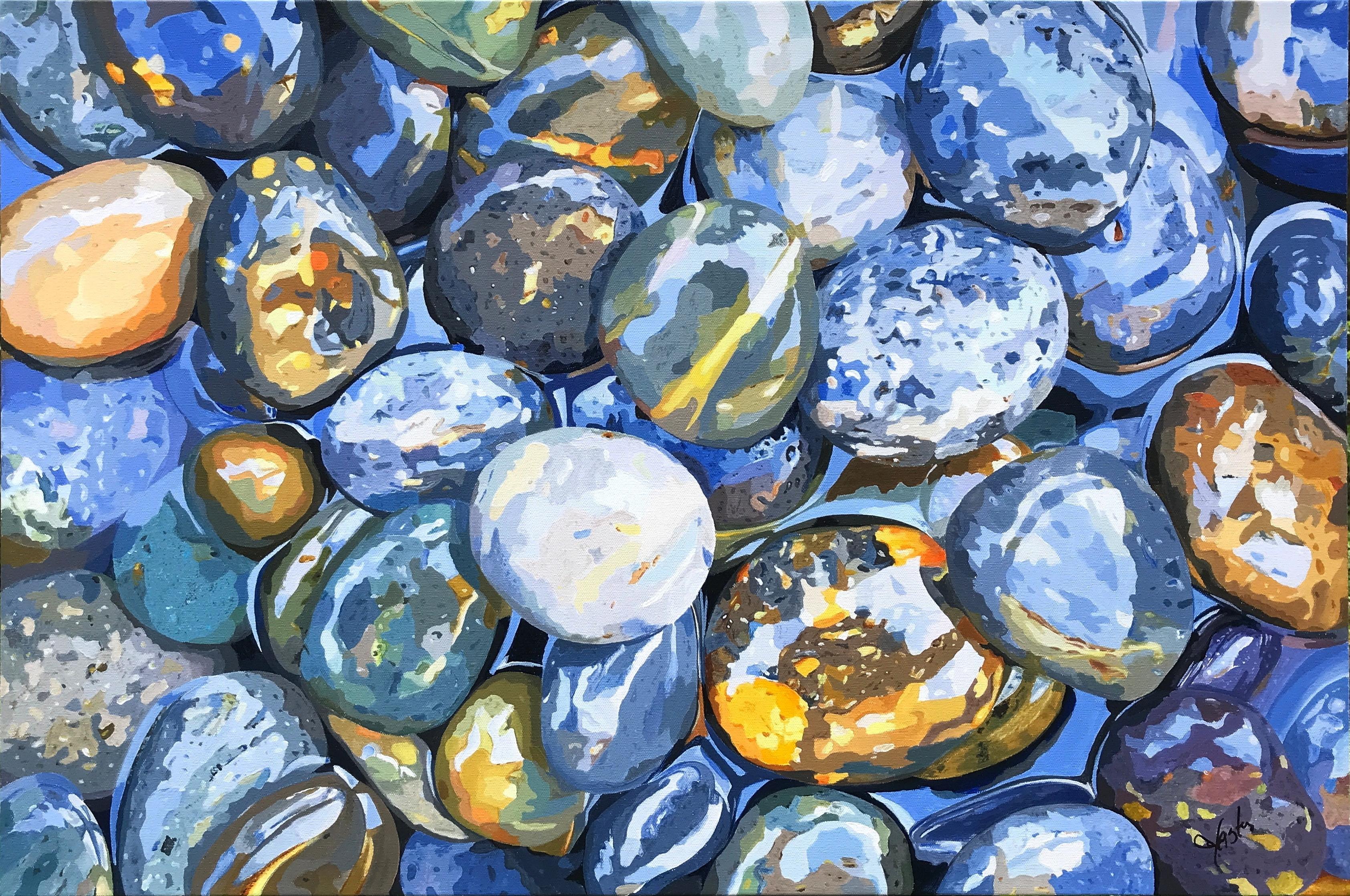John Jaster Landscape Painting - Blue Stones in Water, Original Painting