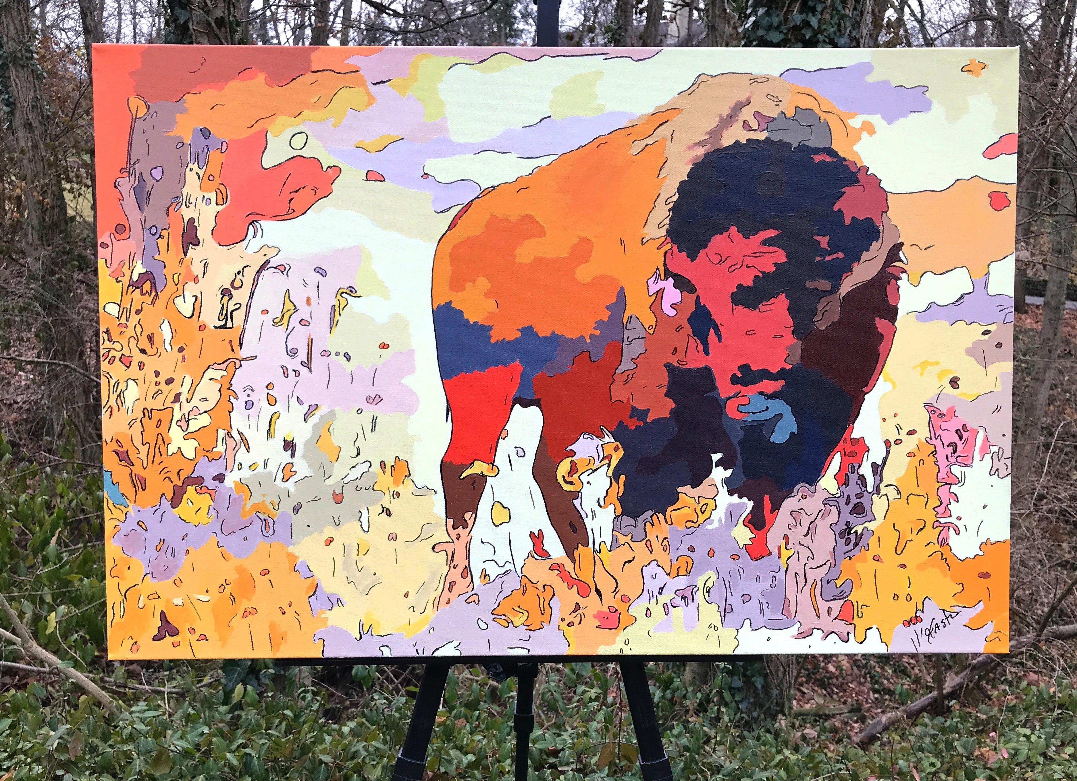 <p>Commentaires de l'artiste<br>Cette peinture représente un bison des plaines américain broutant dans les vastes prairies de l'Ouest américain. L'animal est enveloppé dans un tourbillon impressionniste de rouges, de jaunes et de bruns doux. La
