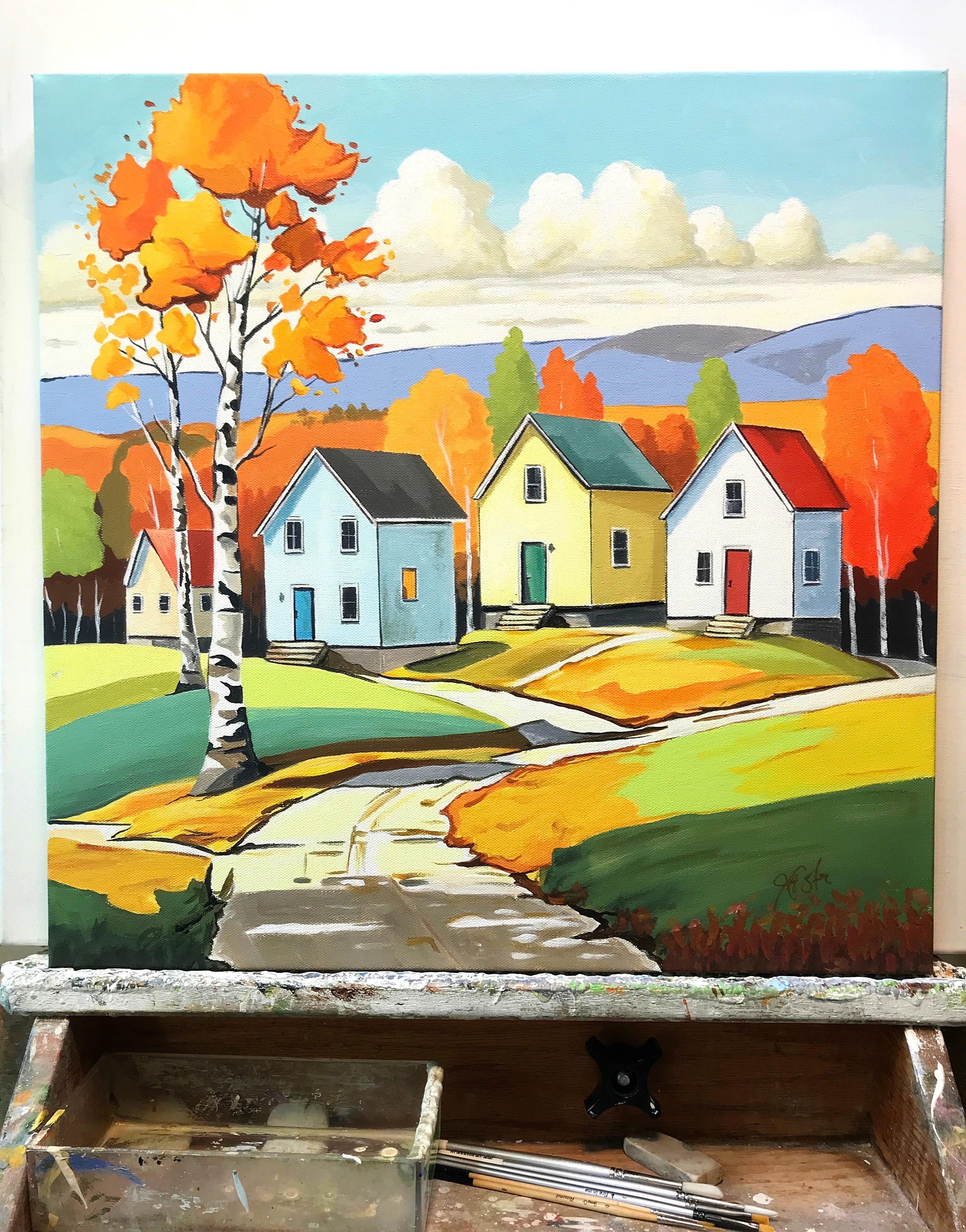 Cabins in the Woods, Original Painting - Beige Interior Painting by John Jaster