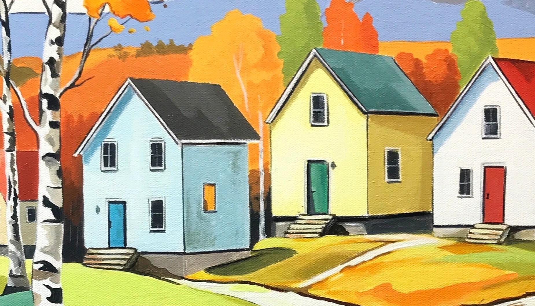 <p>Artist Comments<br />Four tiny cabins nestle among autumn foliage, with rolling mountains and fluffy clouds providing a serene backdrop. A rutted dirt road leads from their entryways and winds alongside a tall birch tree in the foreground. The