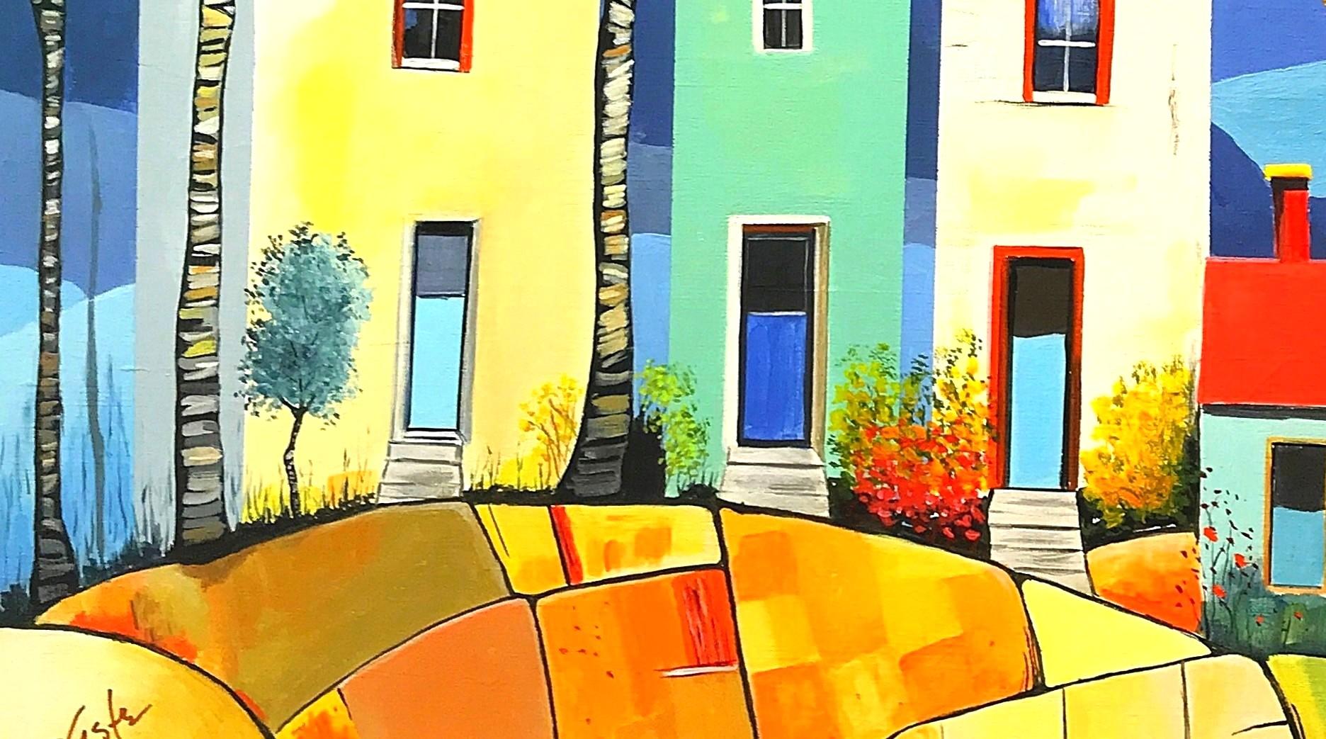 Giornata nuvolosa nel quartiere, Pittura originale - Interior Painting Giallo di John Jaster