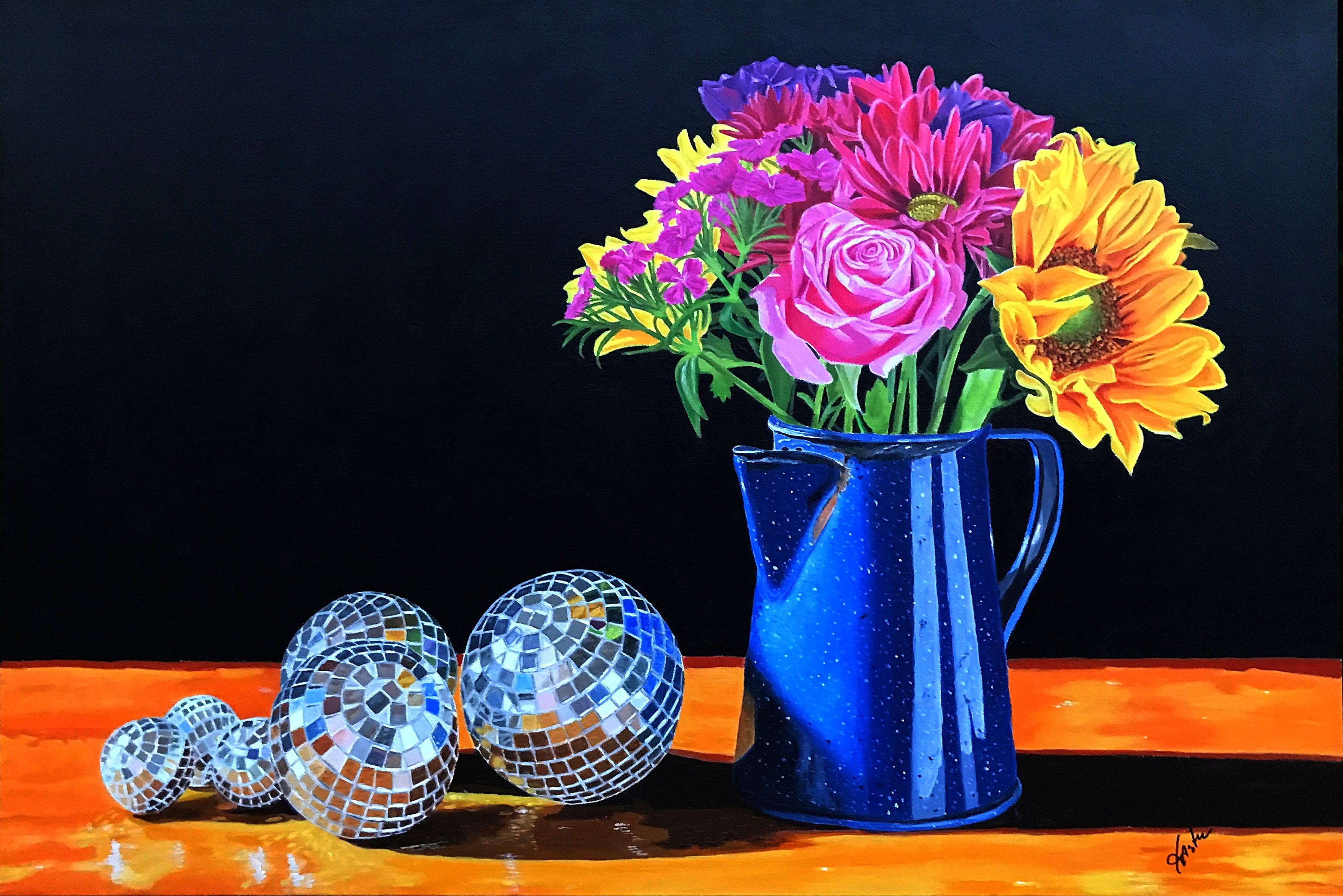 John Jaster Still-Life Painting – Couchtisch mit Glaskugeln und Blumen, Originalgemälde