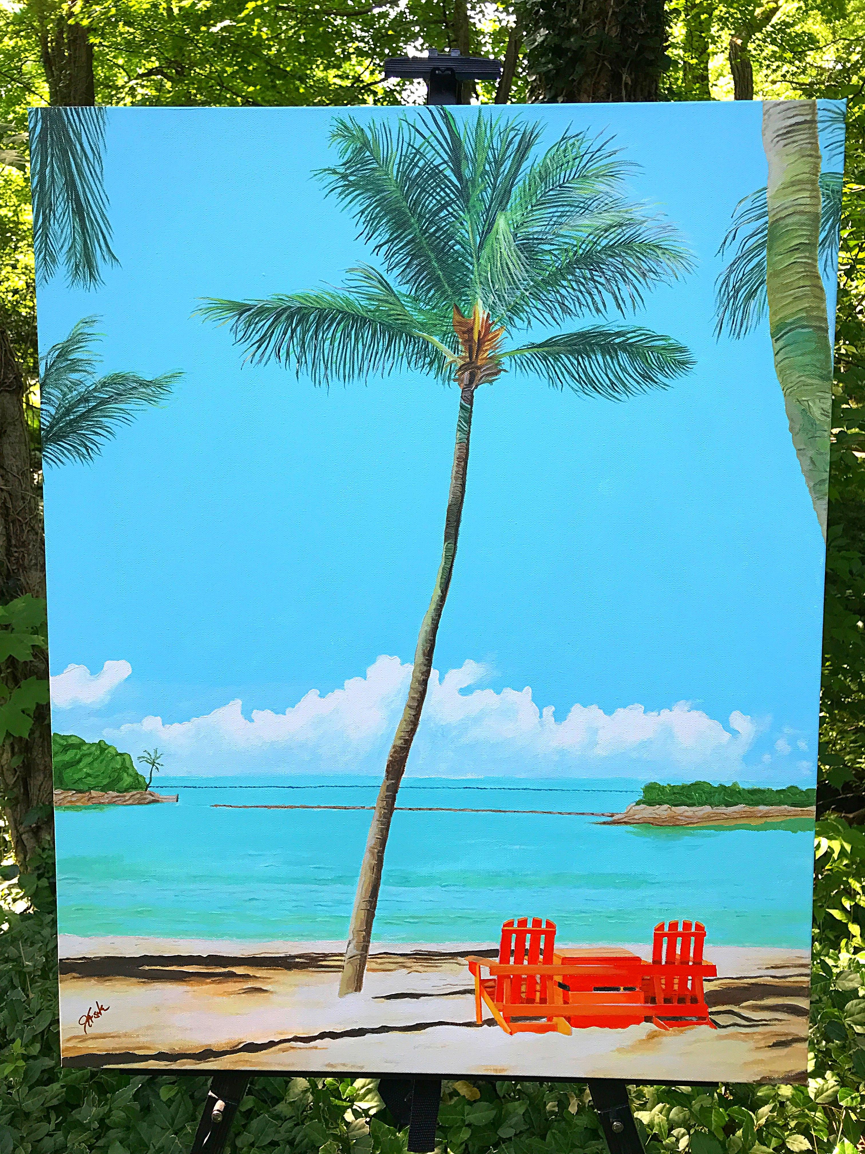 <p>Kommentare des Künstlers<br>Der Künstler John Jaster zeigt eine entspannende Sommerszene mit blauem Himmel und türkisfarbenem Meer, das an einen weißen Sandstrand plätschert. Zwei leere rote Stühle warten darauf, besetzt zu werden. Eine hohe