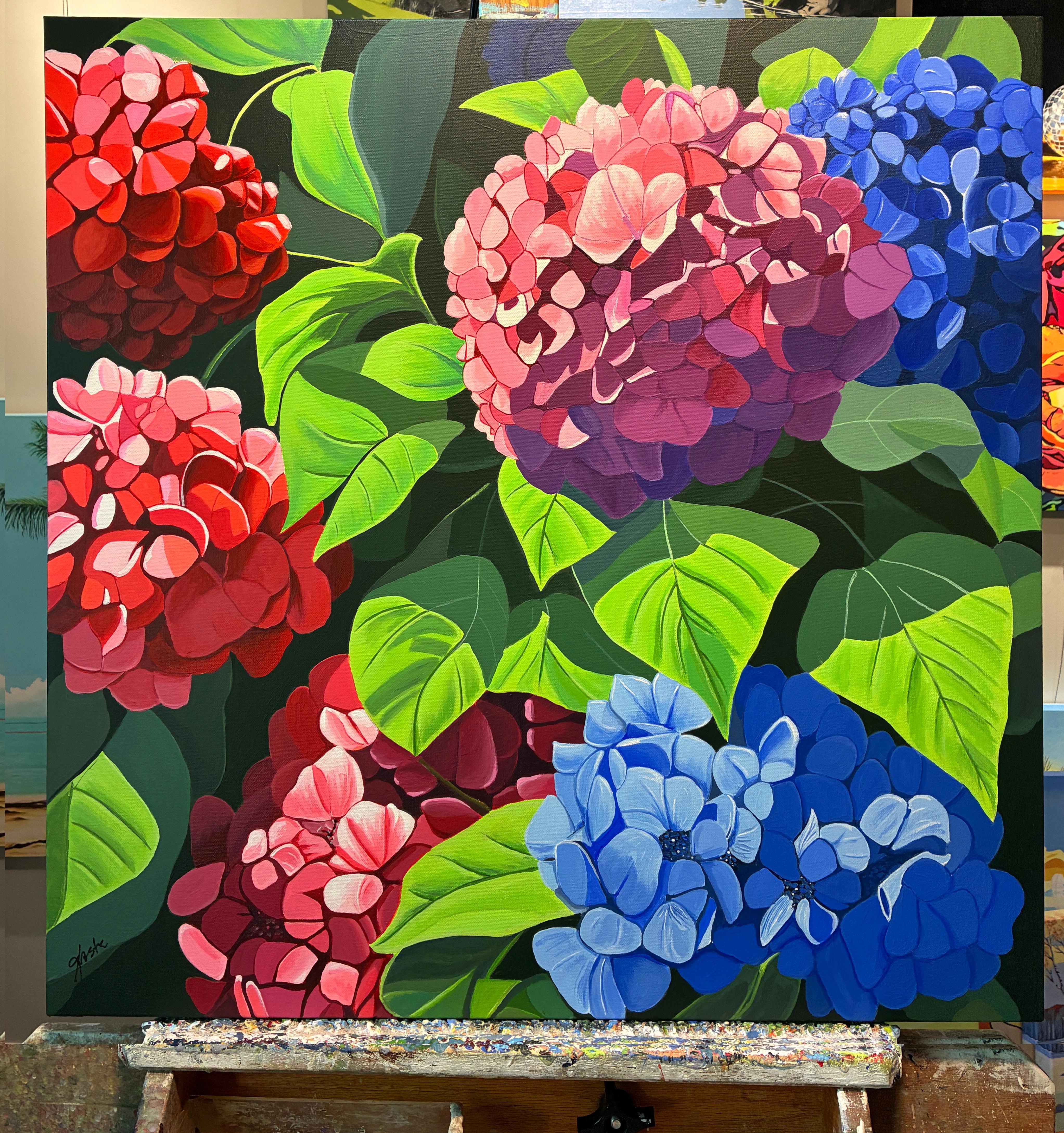 <p>Artist Comments<br>Mophead hydrangeas burst into full summer bloom. Their vibrant pink and blue petals nestle among the bright green leaves. The rich colors capture the joyful spirit of the season.</p><br/><p>About the Artist<br>Artist John