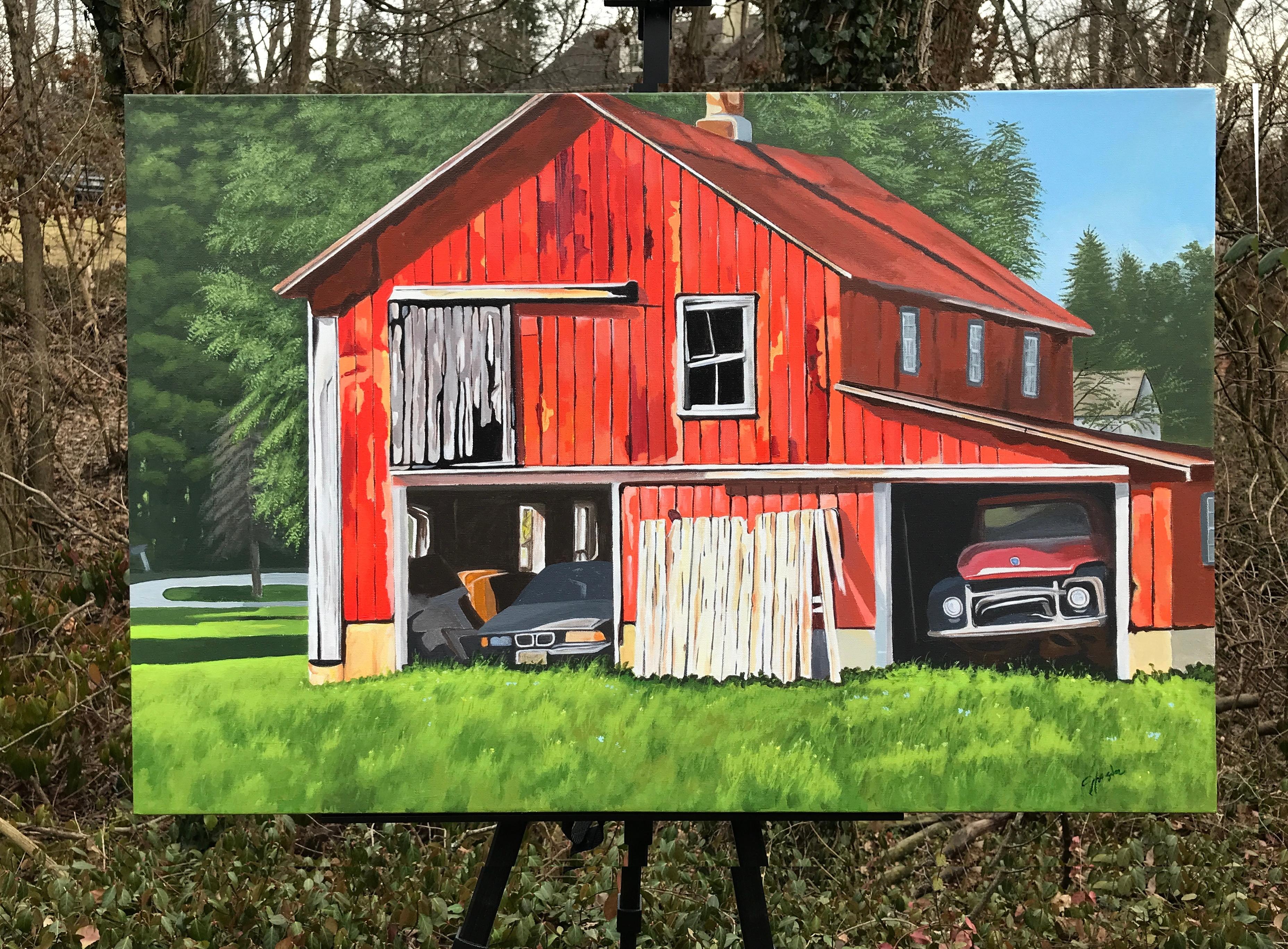 <p>Artist Comments<br>A weather-beaten red barn sits amidst the farm landscape, surrounded by trees and grass. Two open bays reveal a truck and a car, perhaps broken or lost but not forgotten. The bright color palette adds an alluring charm to the