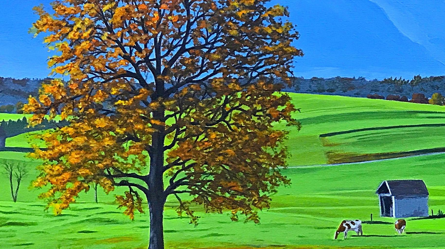 <p>Kommentare des Künstlers<br>Im Morgenlicht entfalten sich sanfte grüne Hügel vor nebelverhangenen Bergen. Herbstliche Bäume schmücken die Landschaft und werfen lange Schatten auf das leuchtende Feld. Die Anwesenheit von grasenden Kühen trägt zur