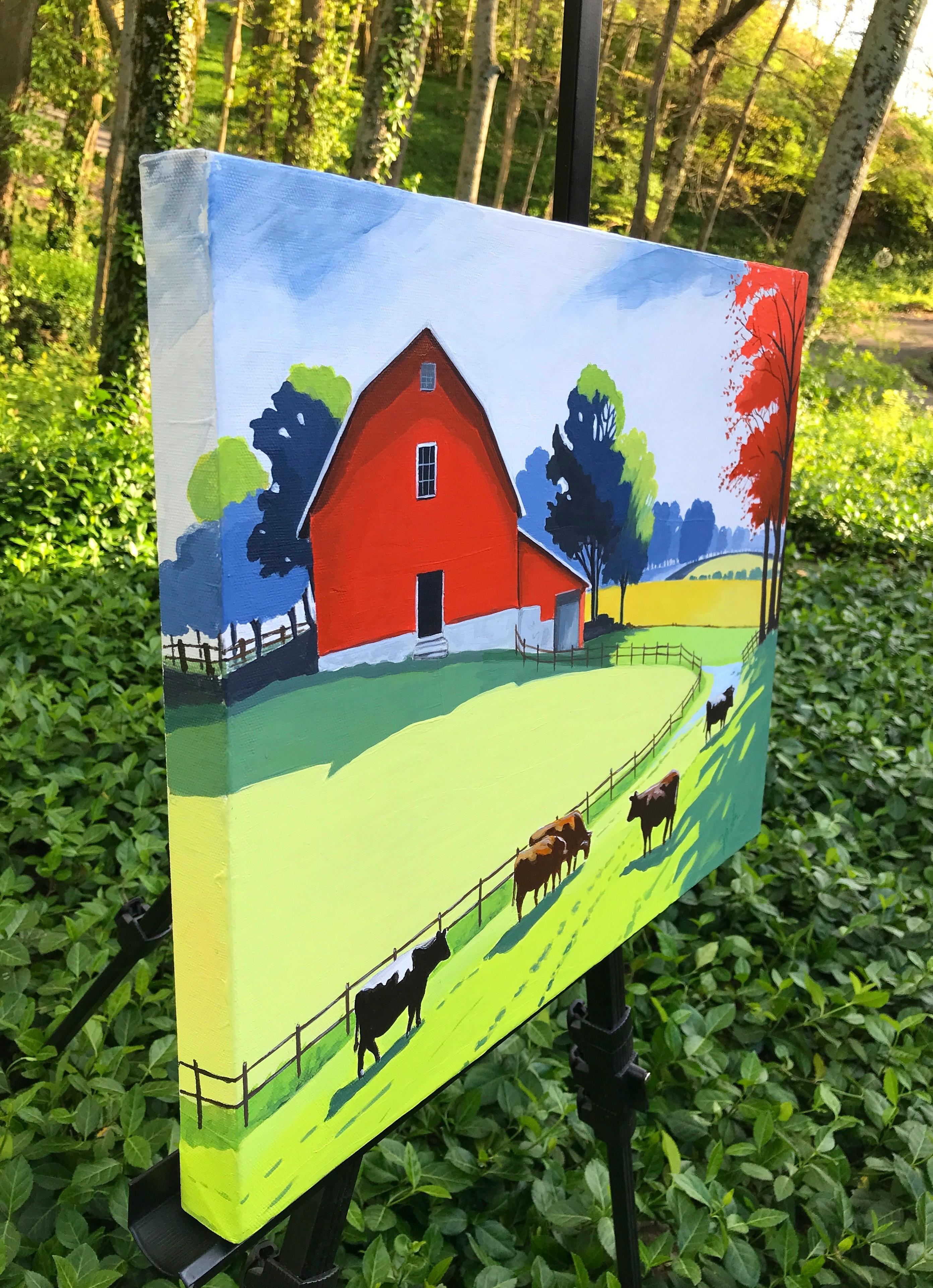 <p>Artist Comments<br>Cows graze outside a red barn, with wheat fields stretching into the distance. The bright sun casts high-contrast shadows, while the muted sky accentuates the vibrancy of the landscape. The composition captures the brilliant