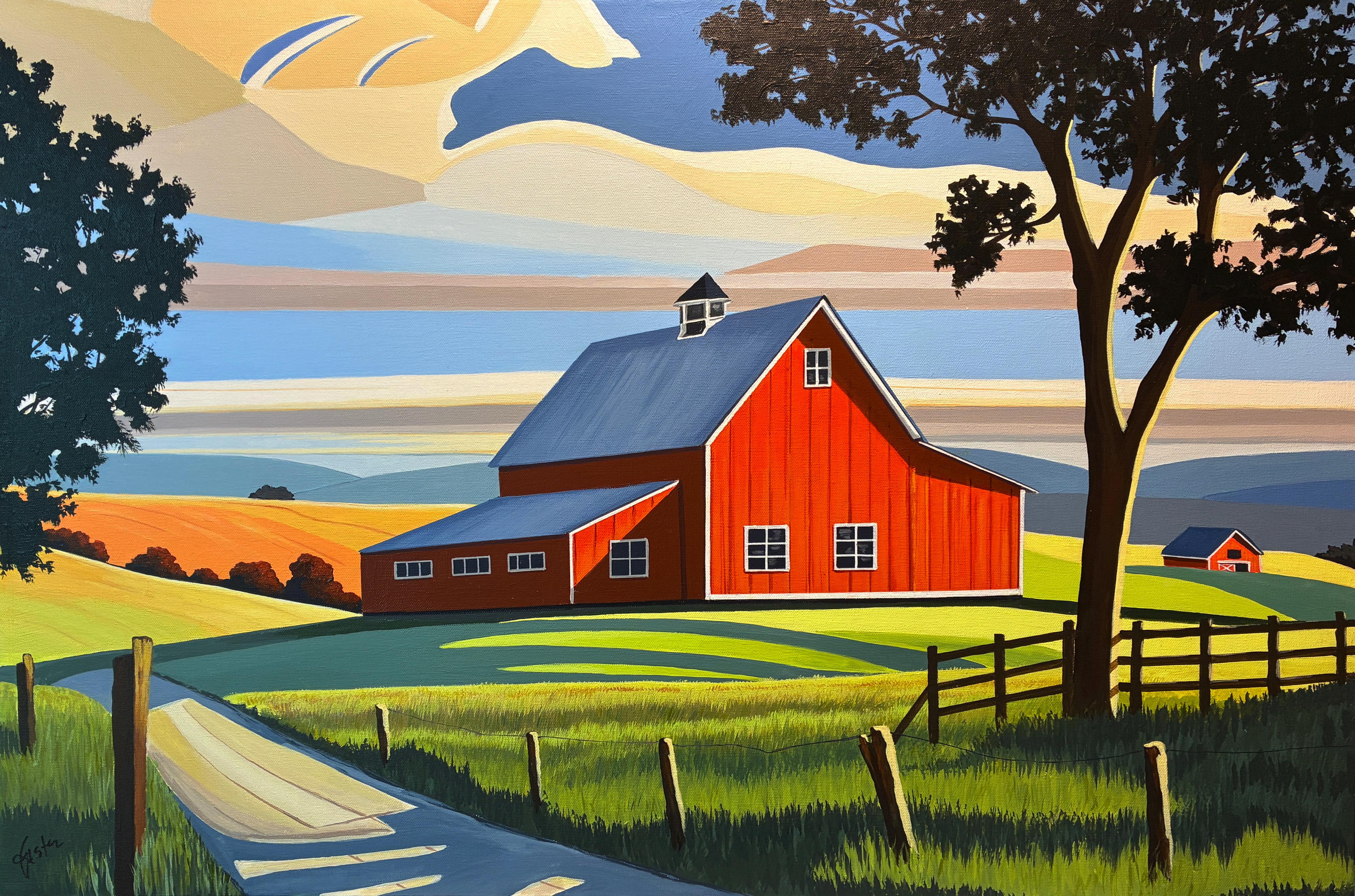 Landscape Painting de John Jaster - Granero Rojo a Través de las Sombras, Pintura Original