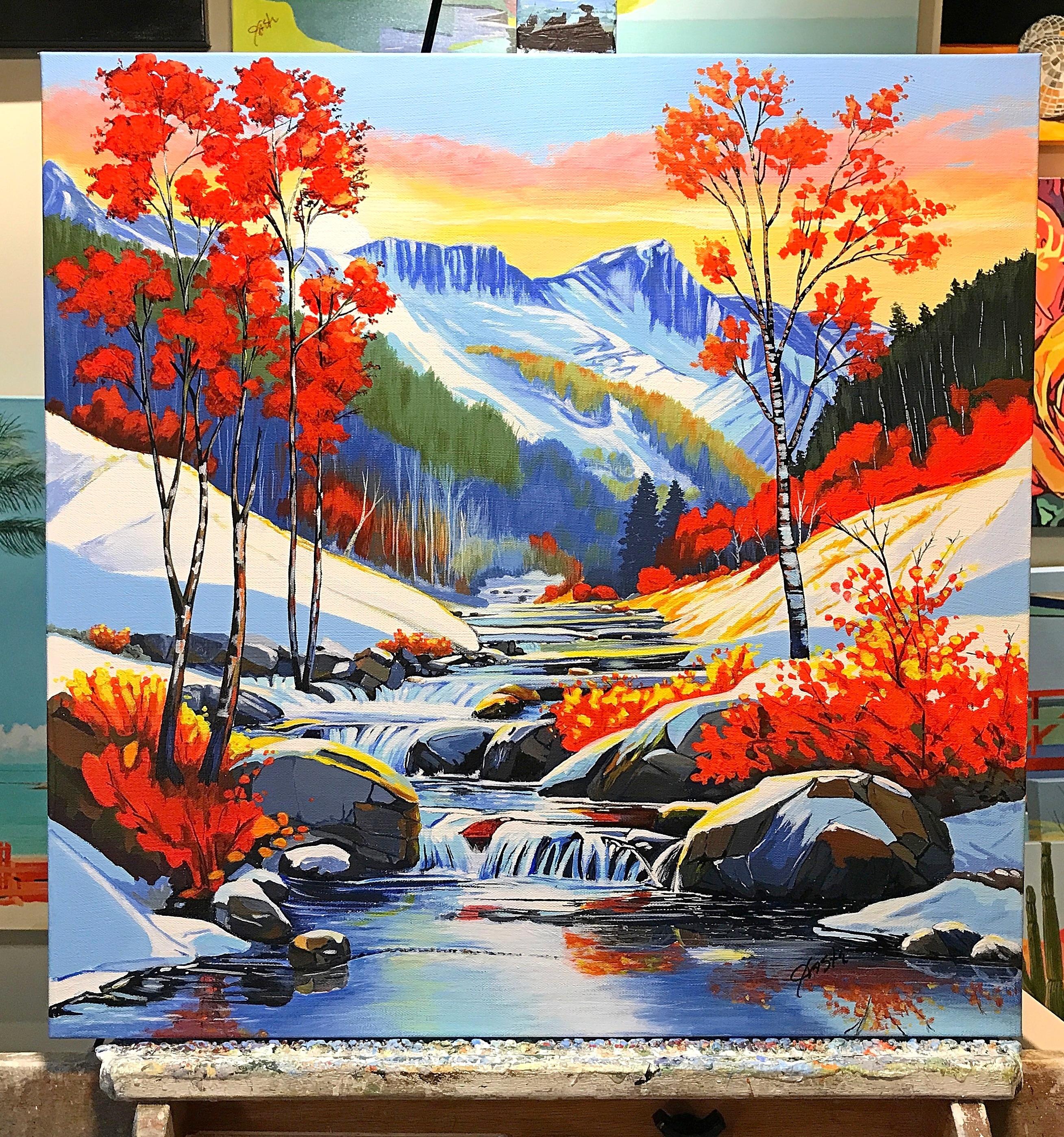 <p>Commenti dell'artista<br />Un disgelo primaverile crea un ruscello che precipita lungo il fianco delle montagne innevate. I fiori rossi sbocciano tra le rocce e gli alberi, donando calore alla scena. L'acqua limpida e blu riflette i colori