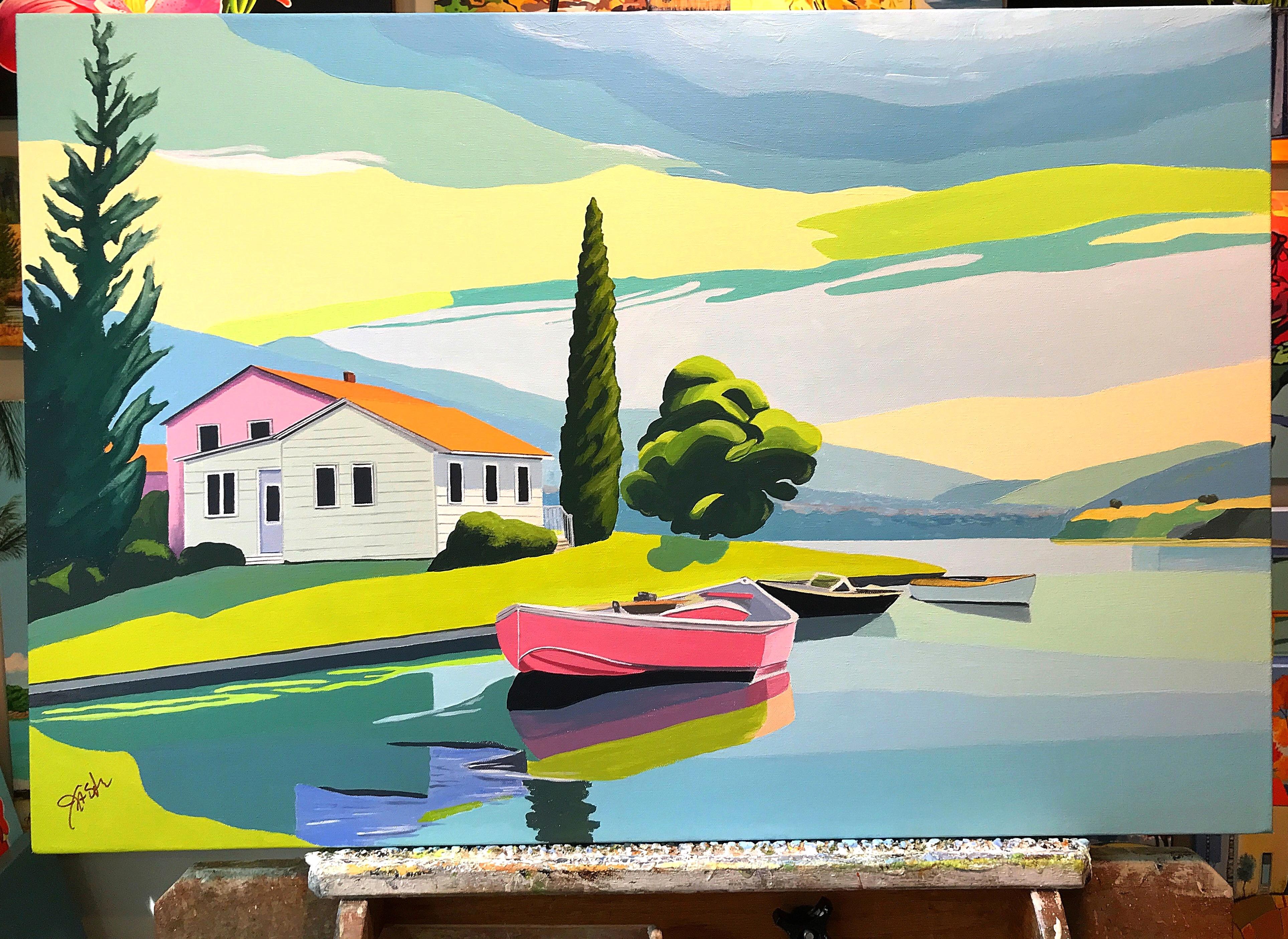 <p>Comentarios del artista<br />Casas de colores se asientan a la orilla de un lago, con un barco rosa anclado cerca. Los verdes y azules del cielo estival se reflejan en el agua tranquila. La paleta de colores vivos elegida por el artista John
