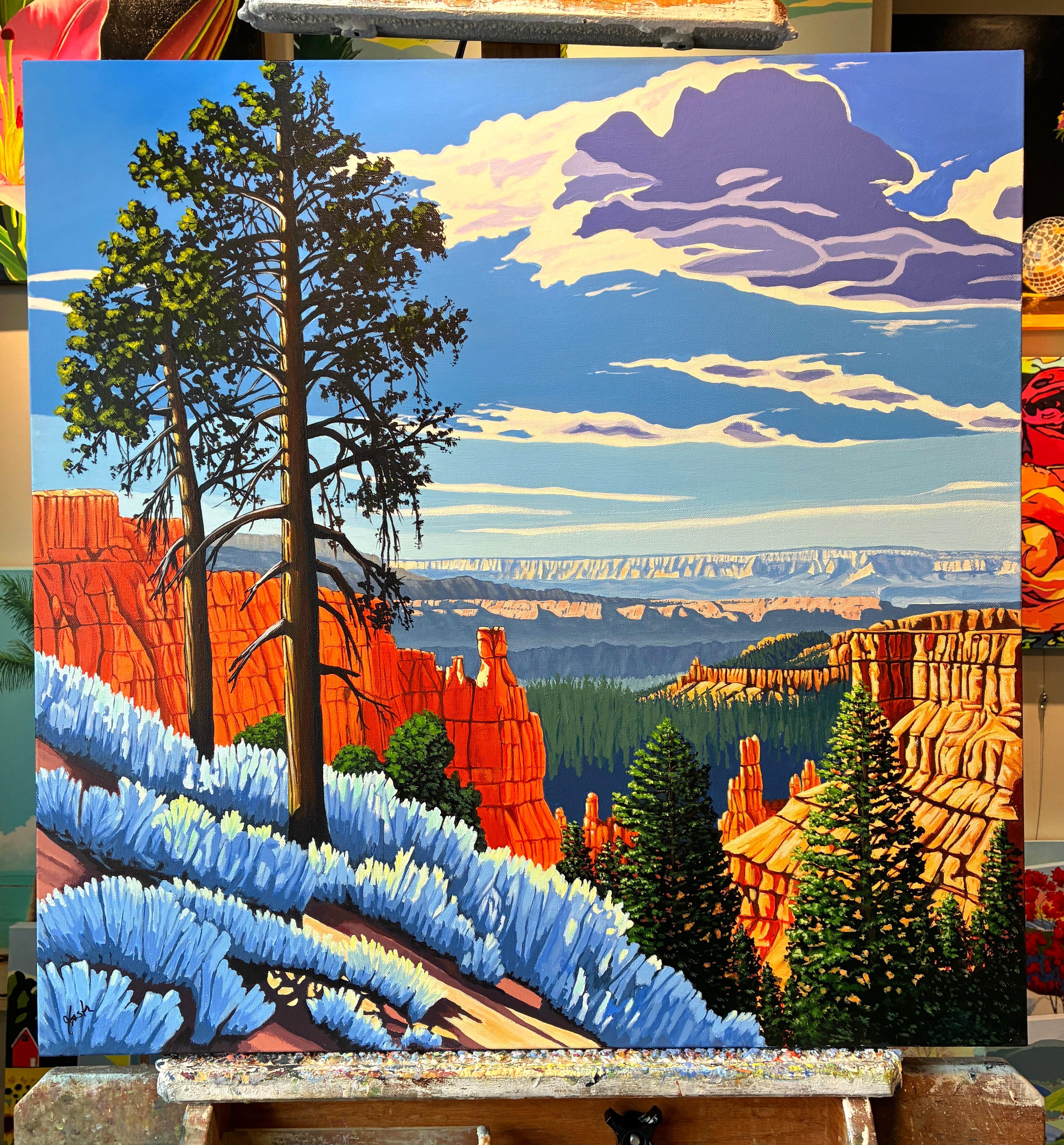 <p>Commenti dell'artista<br>Alti pini si ergono da profondi canyon rocciosi chiamati hoodoos. Il ricco terreno arancione, i brillanti arbusti blu e lo smeraldo degli aghi delle conifere catturano i colori maestosi del paesaggio. Il dipinto trae