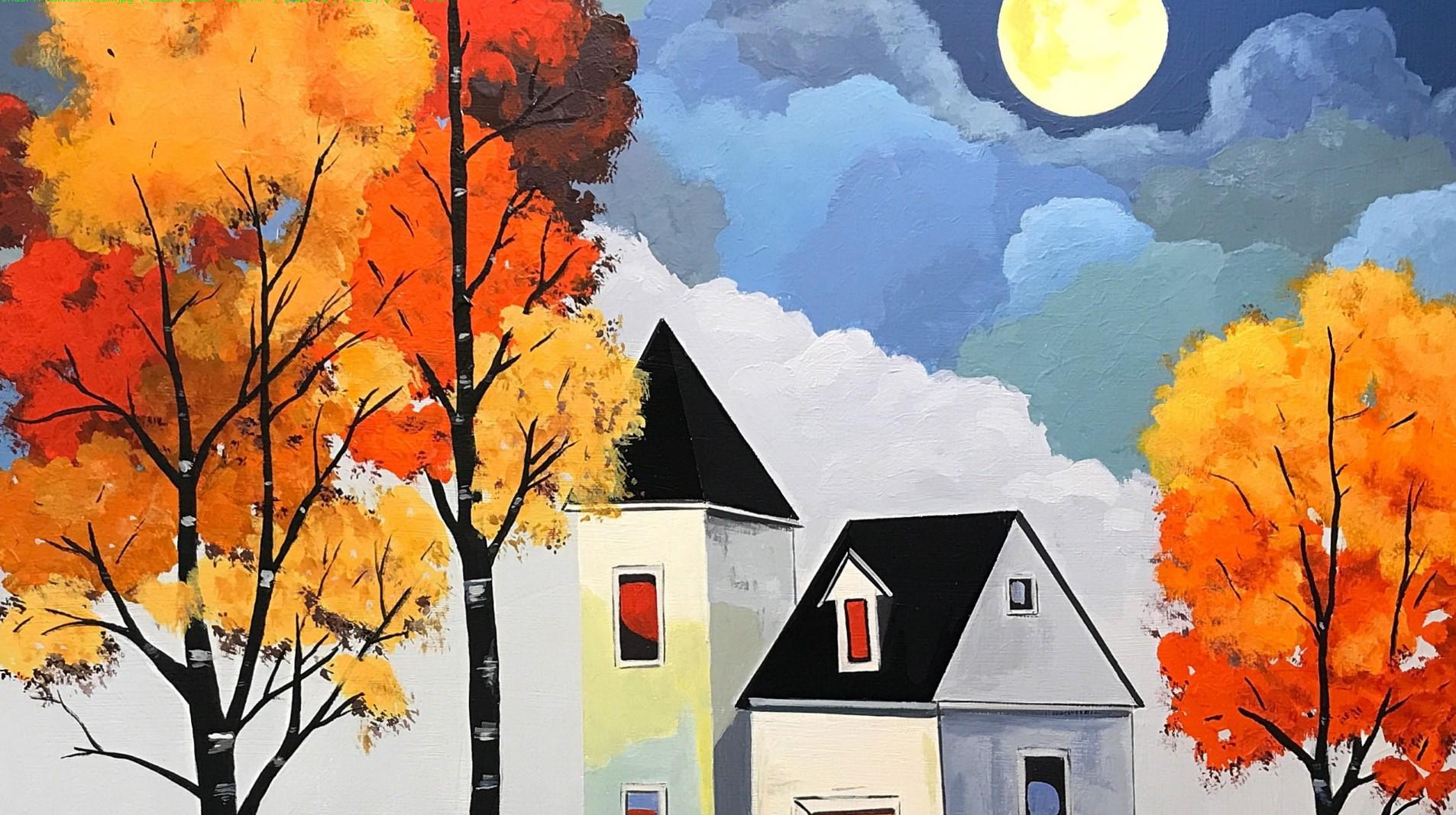 Sotto la luna del raccolto, dipinto originale - Interior Painting Marrone di John Jaster