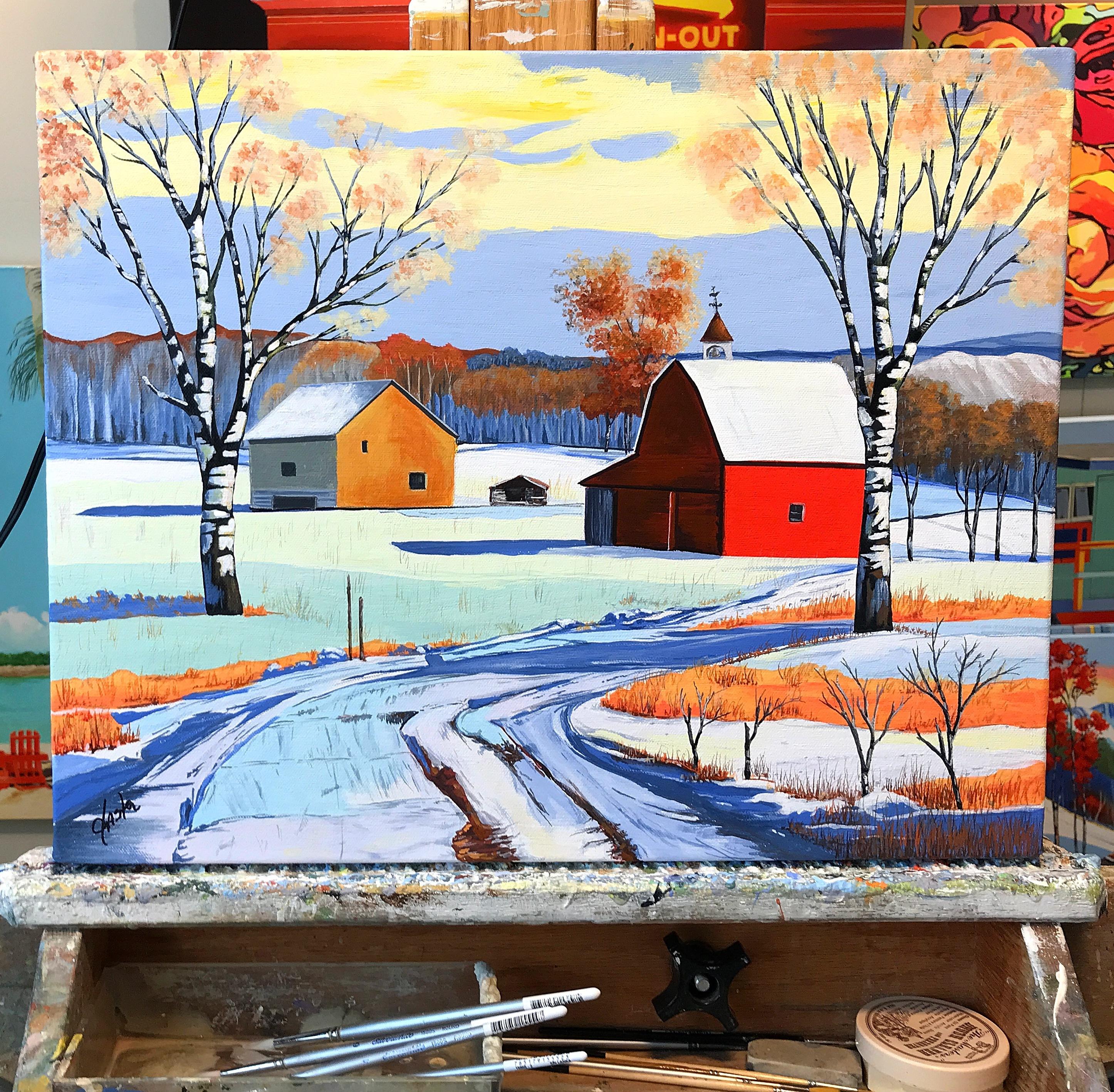 <p>Artist Comments<br />A flat, snowy field surrounds a bright red schoolhouse and a barn. The pale winter sun casts soft shadows across the land while patches of dead grass emerge from the melting snow. A wheel-rutted drive winds into the center of