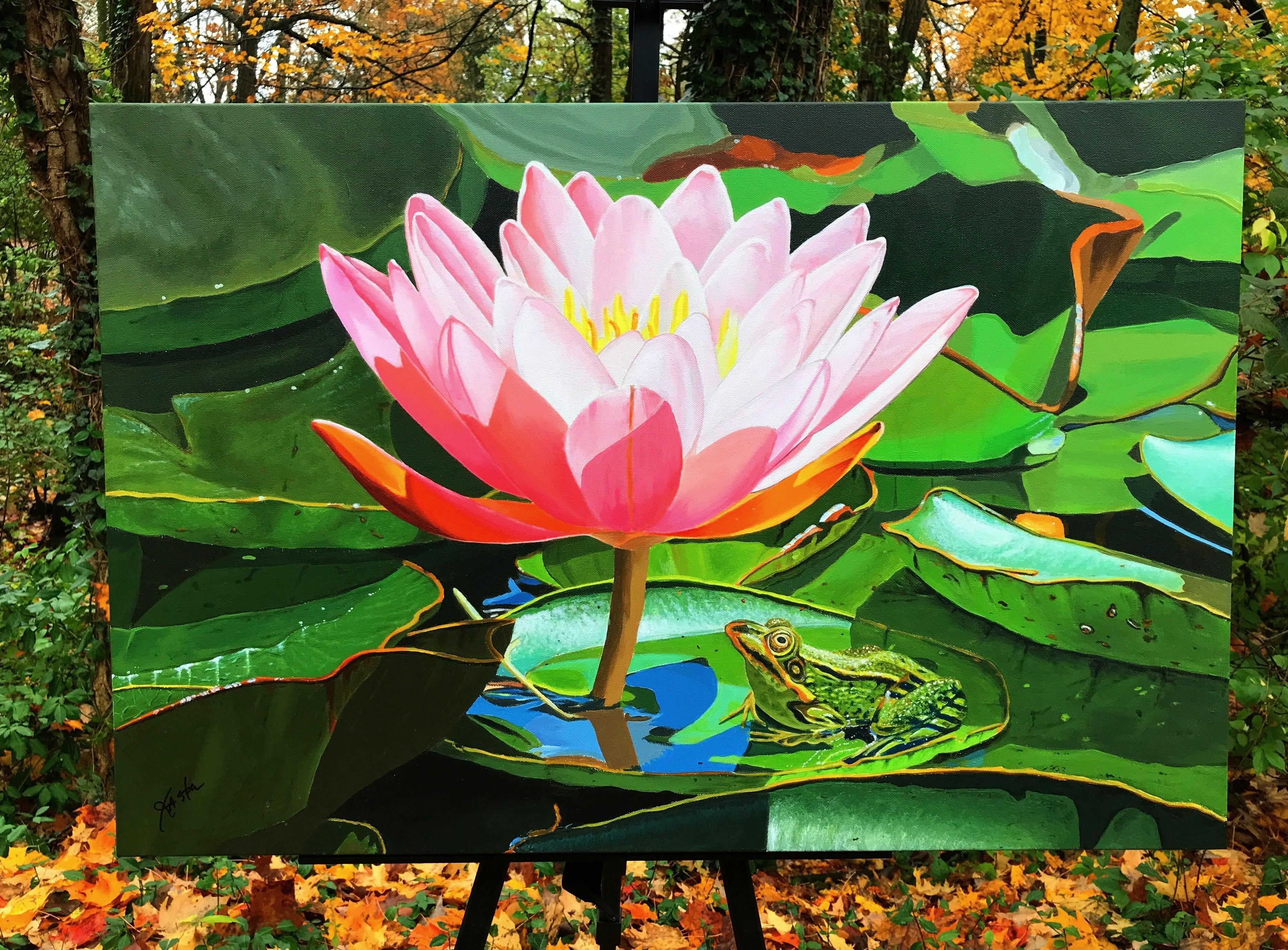 <p>Artist Comments<br>Artist John Jaster presents a solitary crimson waterlily surrounded by a thick carpet of lush green leaves. 