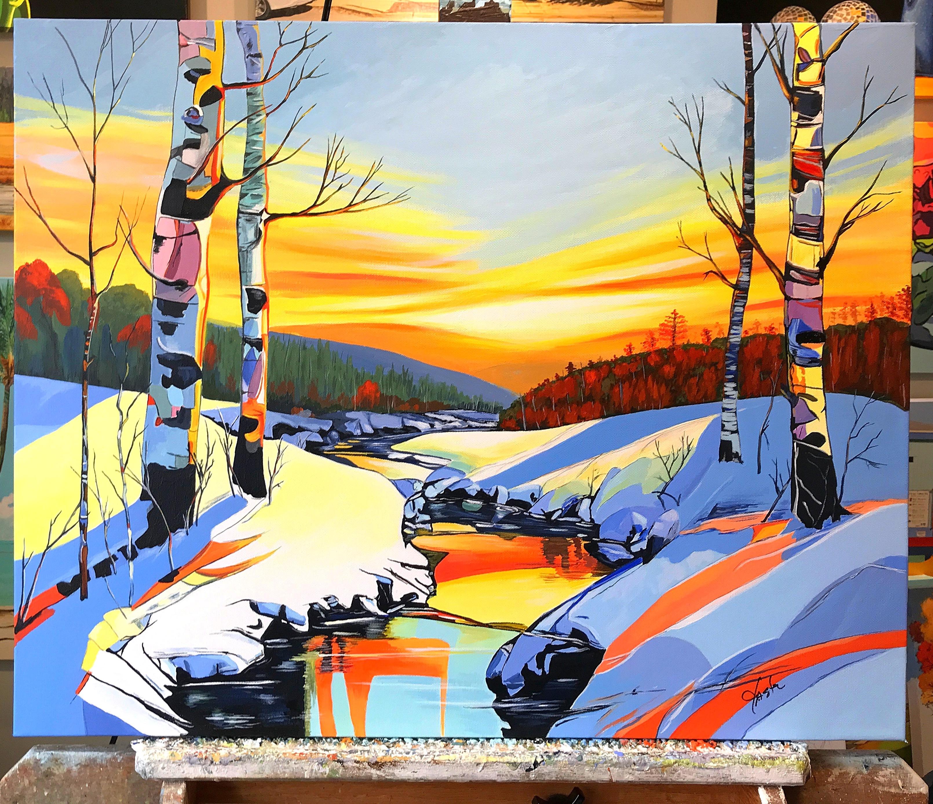 <p>Comentarios del artista<br />Una brillante puesta de sol adorna una escena de bosque invernal. La nieve, los áridos abedules y un arroyo serpenteante reflejan el ardiente resplandor del cielo. Los colores vivos y las líneas limpias confieren a la