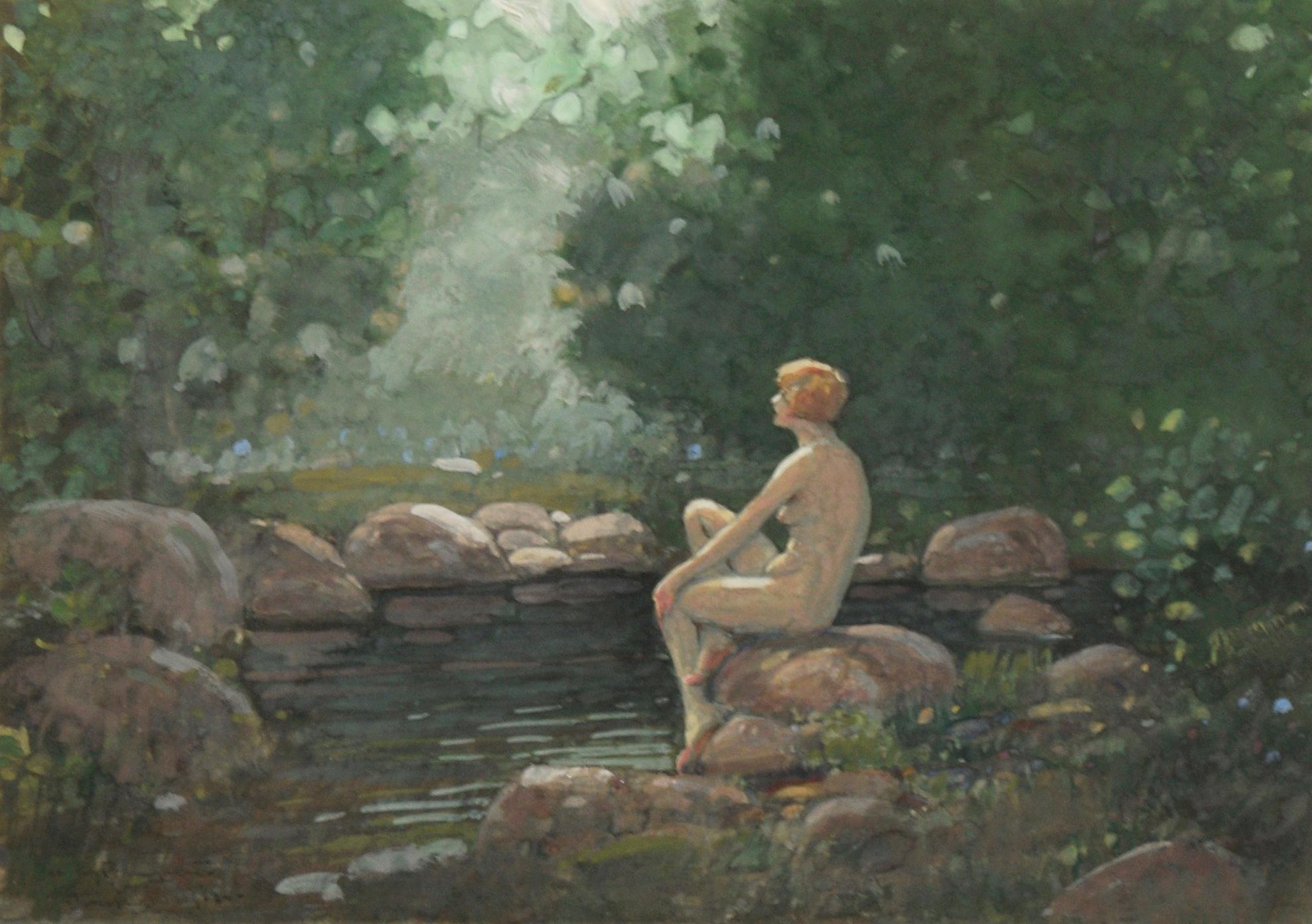 Lady by the Pond, 1920's Art Nouveau Nude Figurative Landscape - Painting by John Jay Baumgartner
