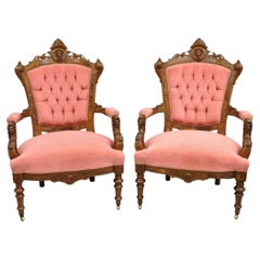 Antique John Jelliff Victorian Renaissance Carved Walnut Figural Parlor Armchairs - Pair