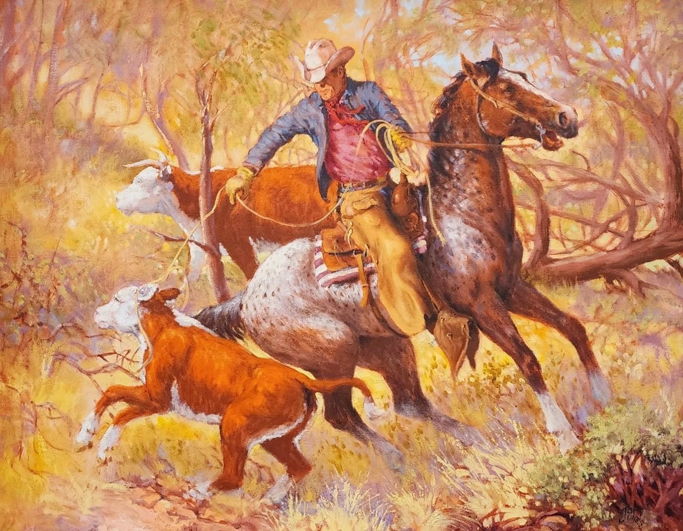 The Capture, Cowboy, Herding Cattle, Vintage Western Art, Pferd, Lassoing Cows – Painting von John Jones
