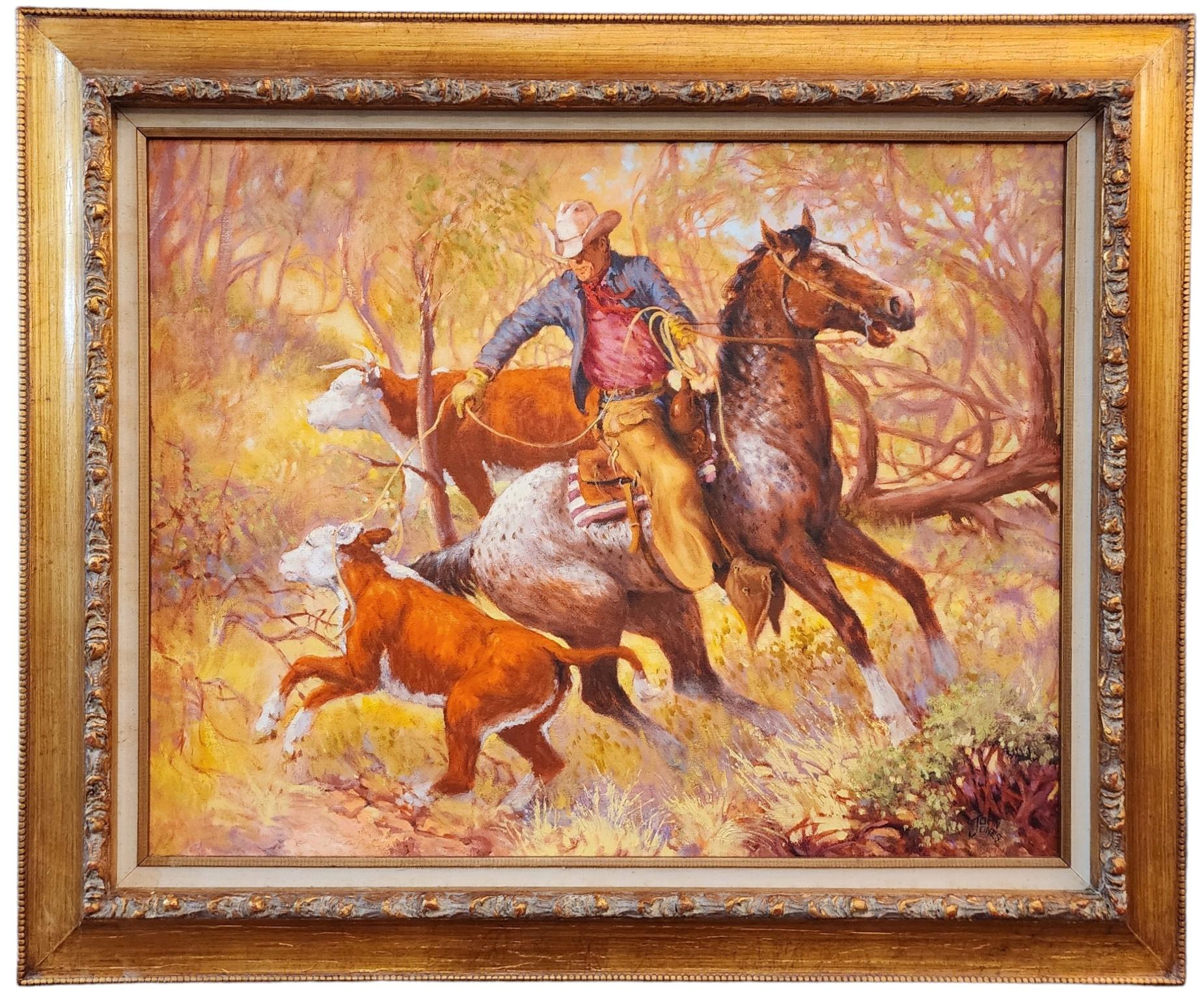 John Jones Animal Painting - The Capture, Cowboy, Herding Cattle, Vintage Western Art, Horse, Lassoing Cows