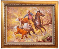 The Capture, Cowboy, Herding Cattle, Retro Western Art, Horse, Lassoing Cows