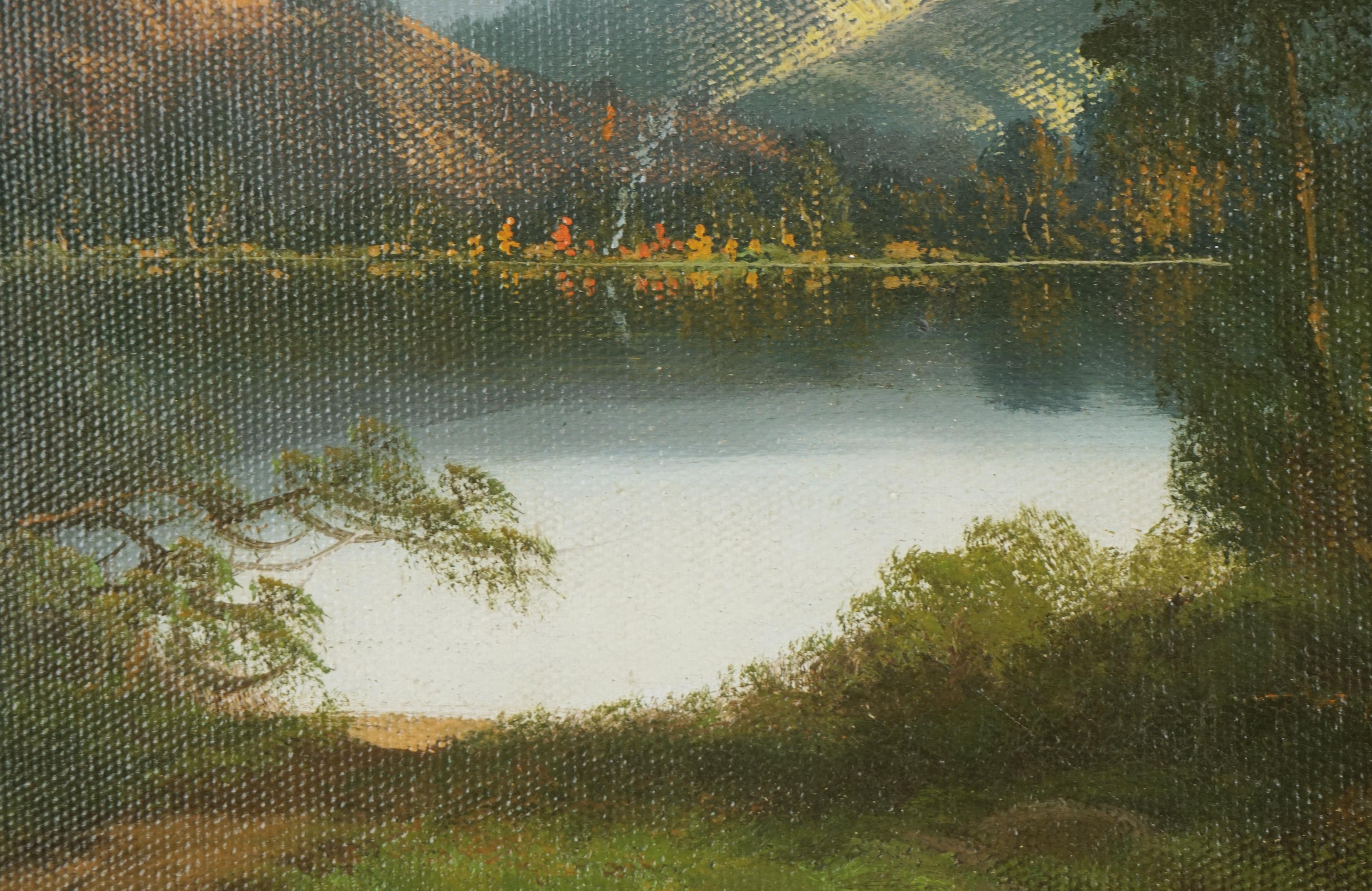 Schönes Ölgemälde von John Englehart aus dem frühen 19. Jahrhundert vom Lake Tahoe mit einem Indianerlager auf der anderen Seite des Sees  (auch bekannt als John Englehardt), (Amerikaner, 1867-1915). Ein friedlicher See in der Morgendämmerung mit