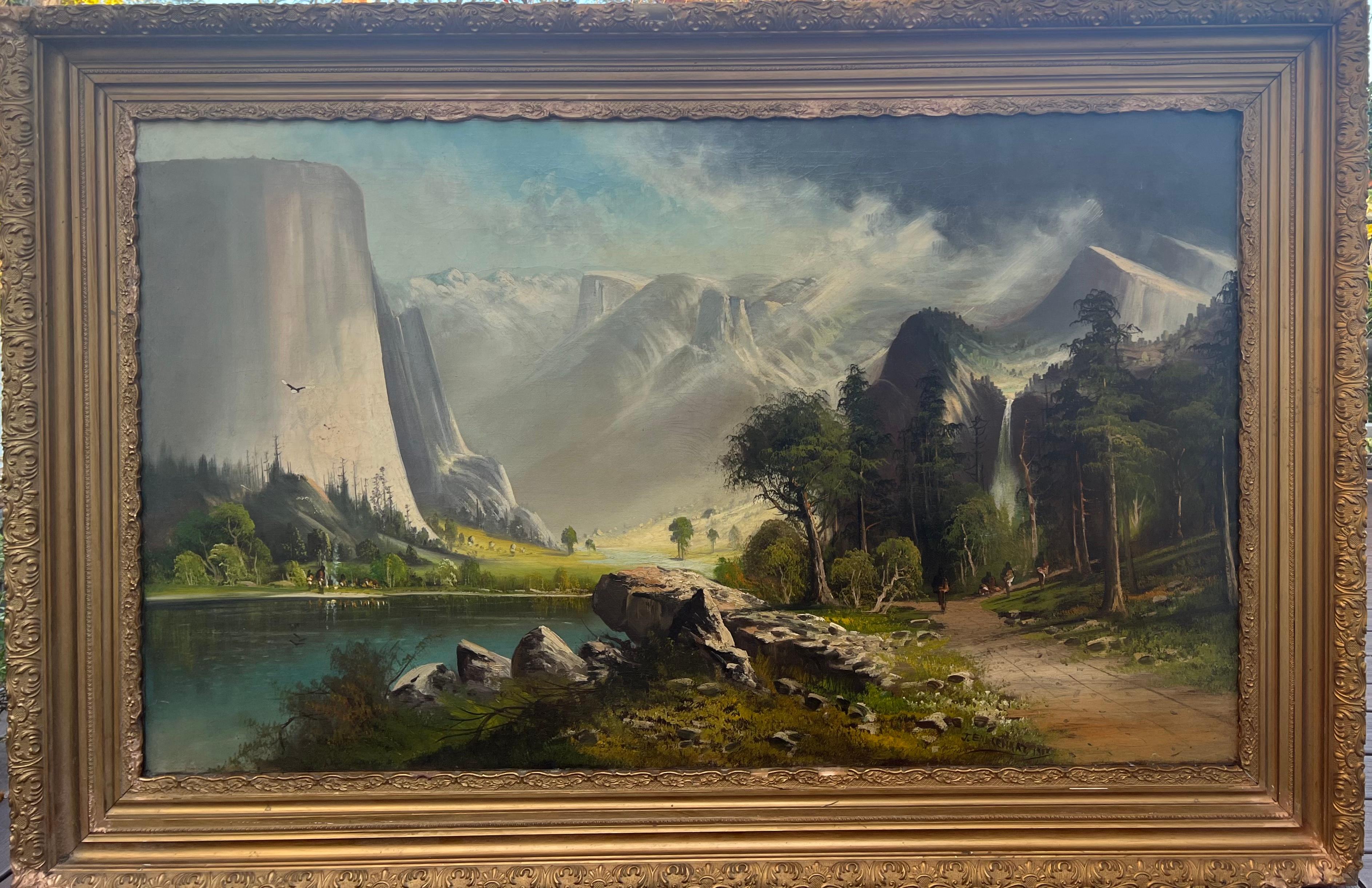 Große Panoramik YOSEMITE VALLEY Western California Encampment-Landschaftsfiguren  – Painting von John Joseph Englehart