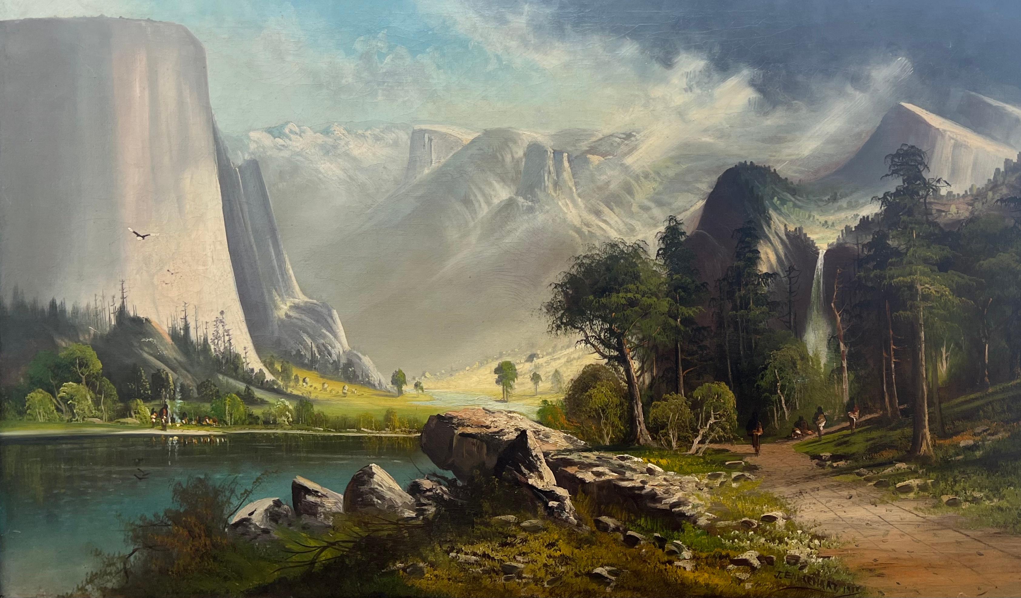 Große Panoramik YOSEMITE VALLEY Western California Encampment-Landschaftsfiguren  (Hudson River School), Painting, von John Joseph Englehart