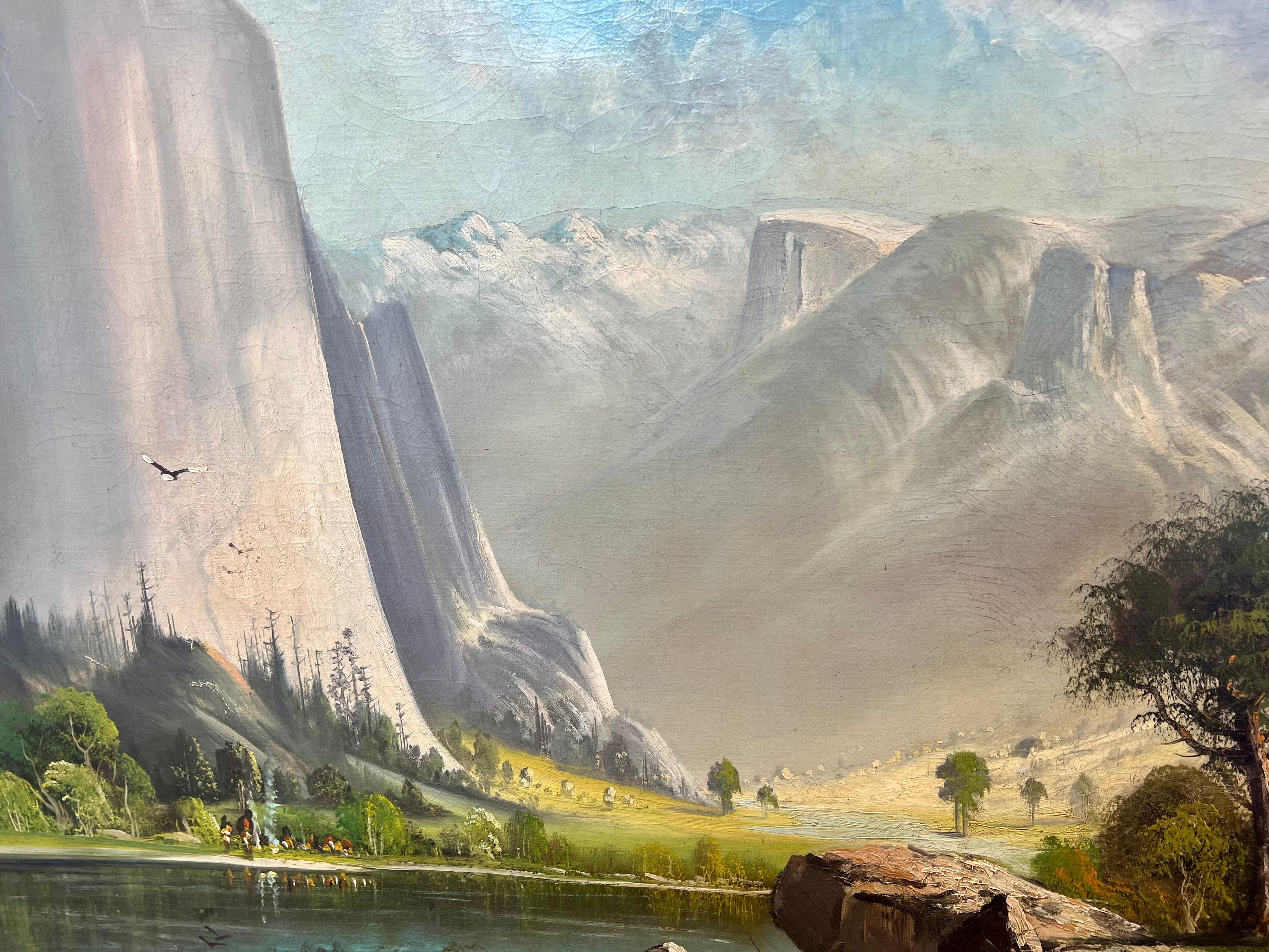 Large Panoramic YOSEMITE VALLEY Western California Encampment Landscape Figures  For Sale 5