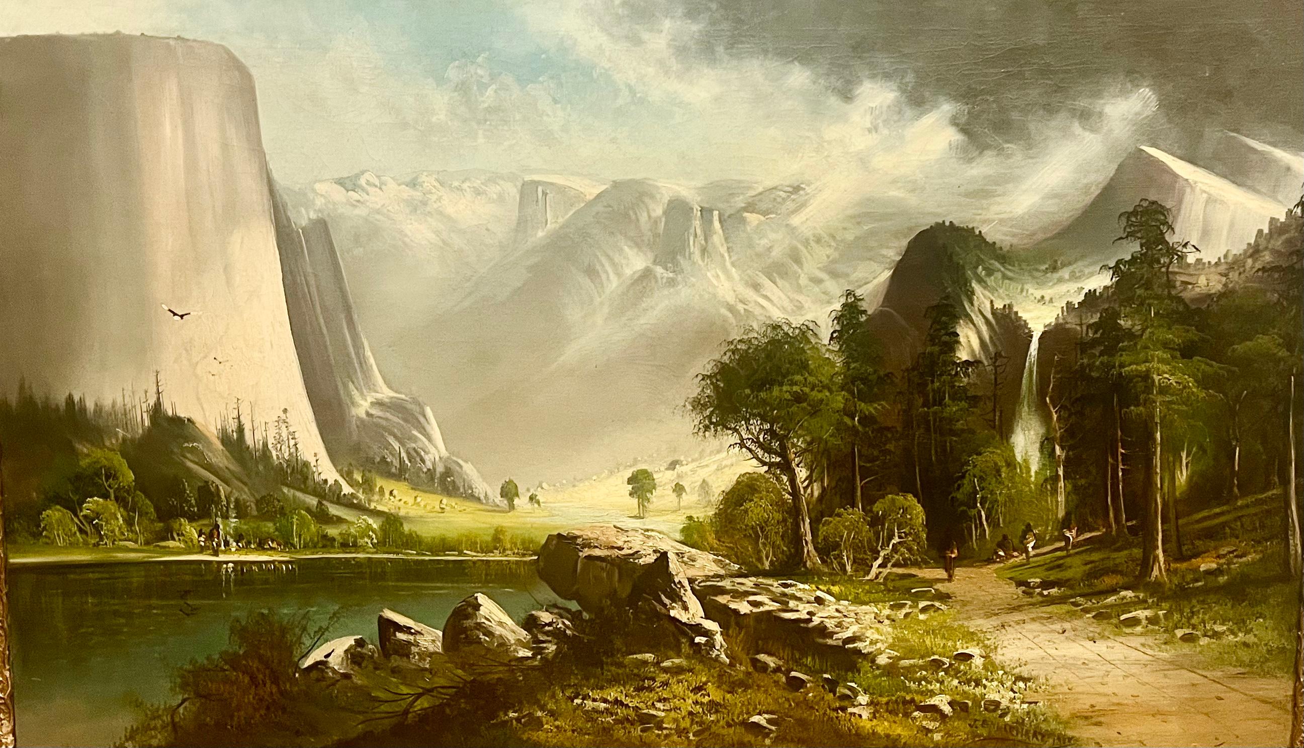 John Joseph Englehart Landscape Painting – Große Panoramik YOSEMITE VALLEY Western California Encampment-Landschaftsfiguren 
