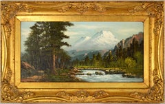 Antique Mt Shasta and Sacramento River Oil Painting 1900