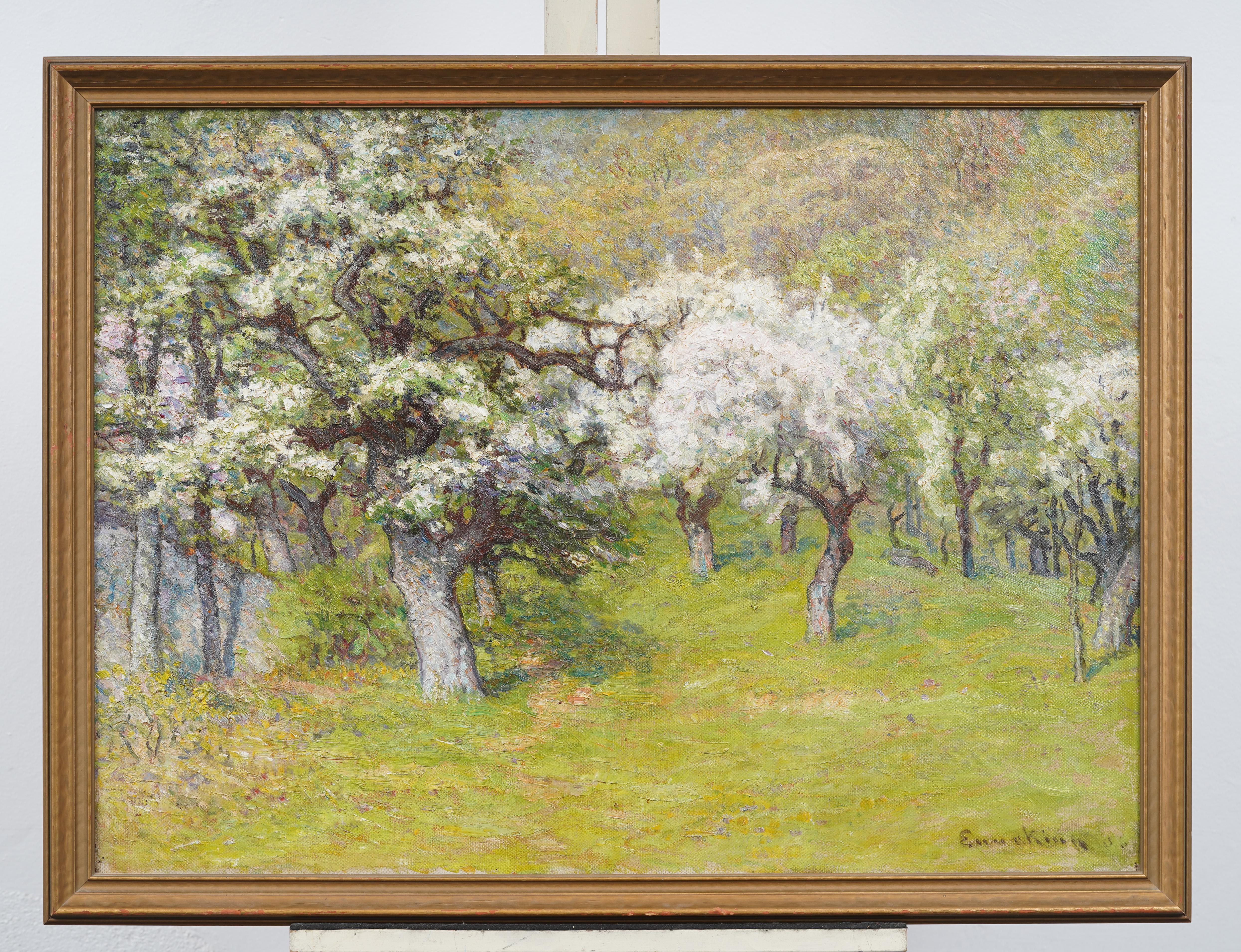 Antique American Impressionist Large Spring Blossom Landscape Framed Painting - Brown Still-Life Painting by John Joseph Enneking