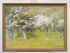 Antique American Impressionist Large Spring Blossom Landscape Framed Painting