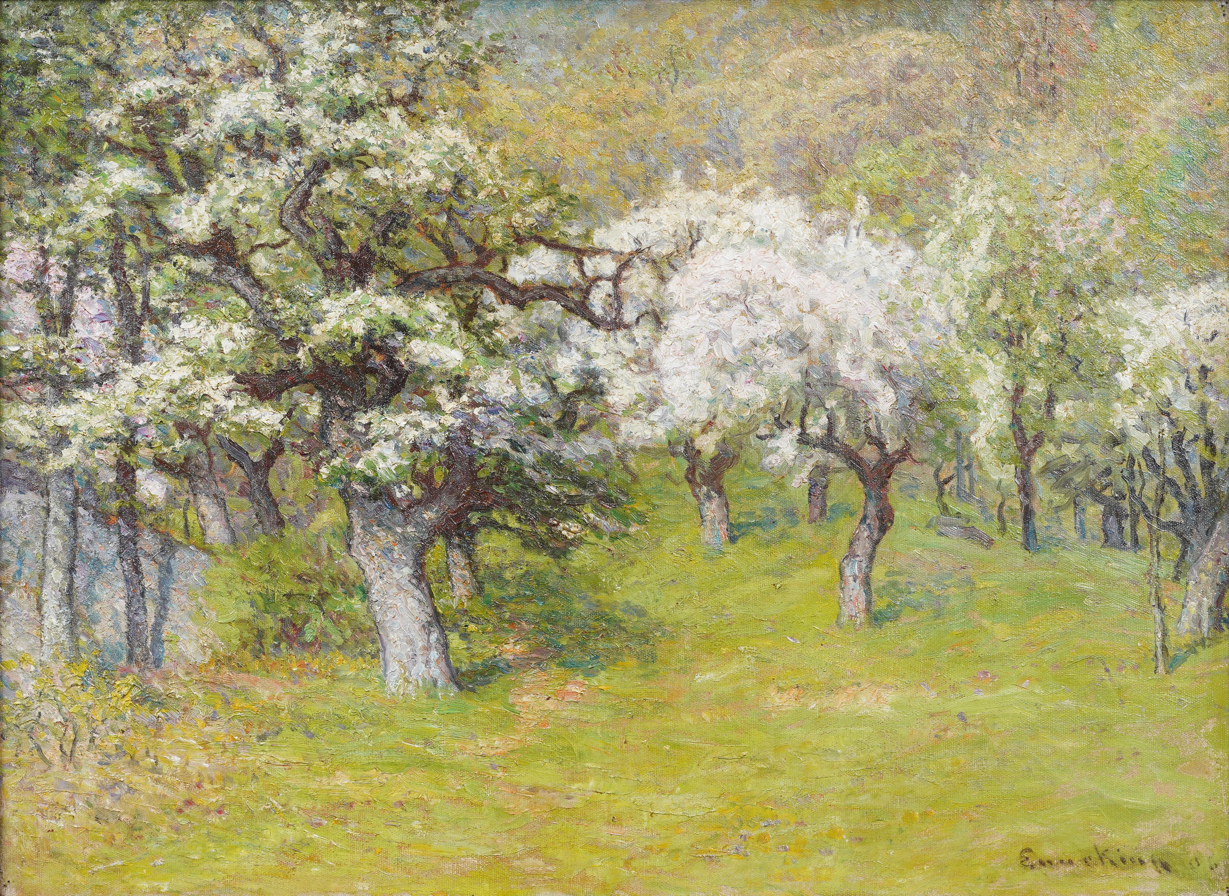 Antique American Impressionist Large Spring Blossom Landscape Framed Painting For Sale 1
