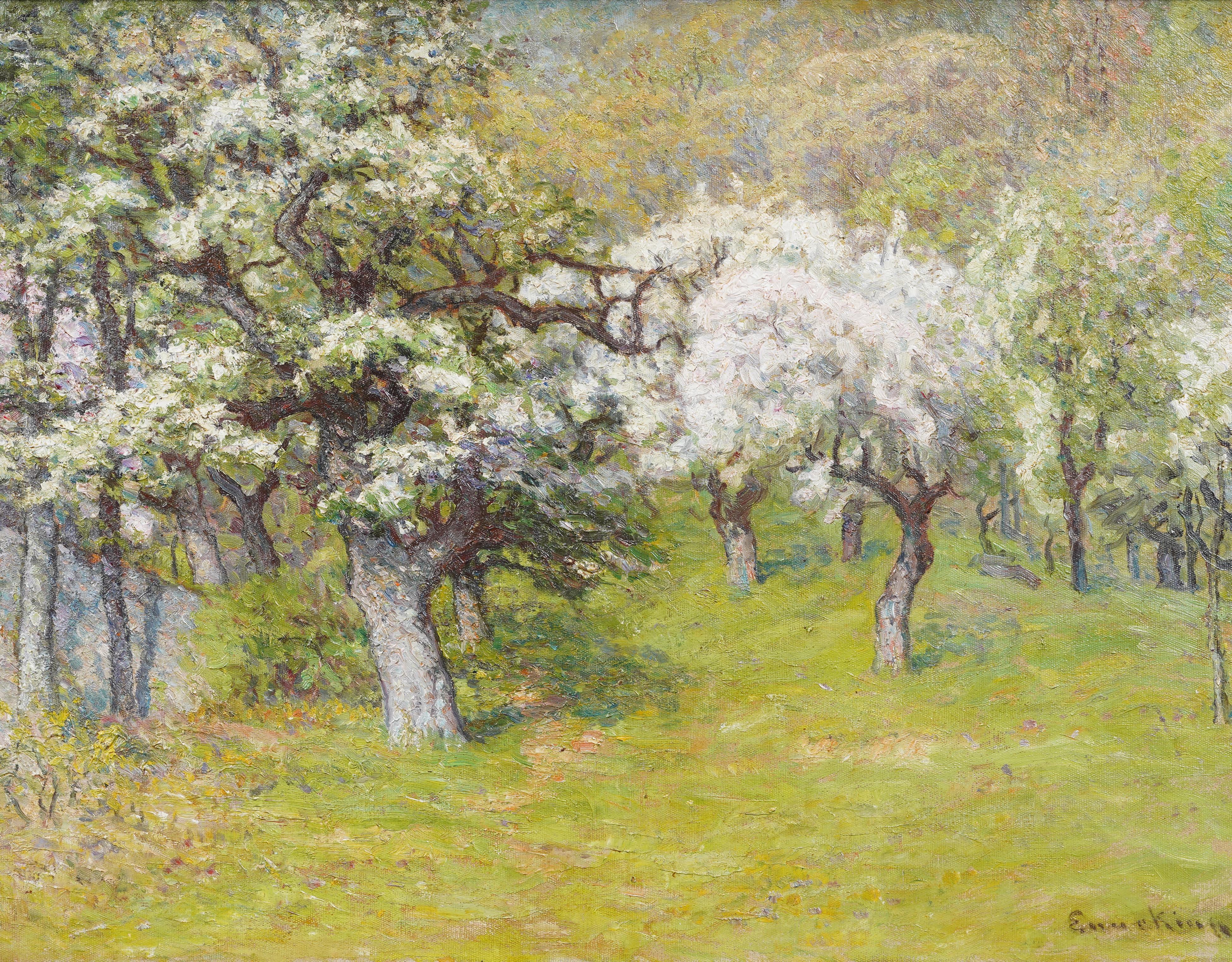 Antique American Impressionist Large Spring Blossom Landscape Framed Painting For Sale 2