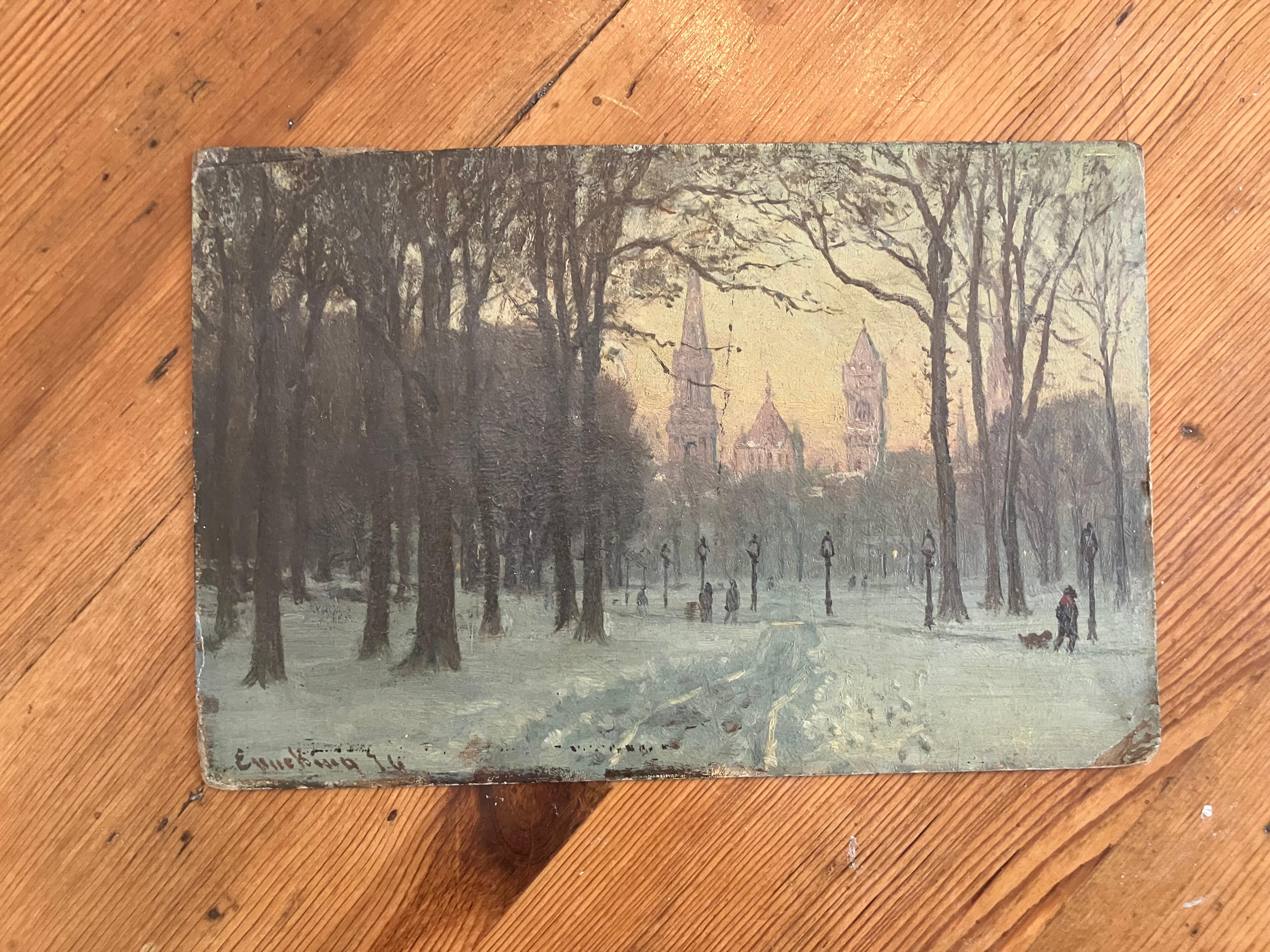 John Enneking “Winter Morning on the Common” - American Impressionist Painting by John Joseph Enneking
