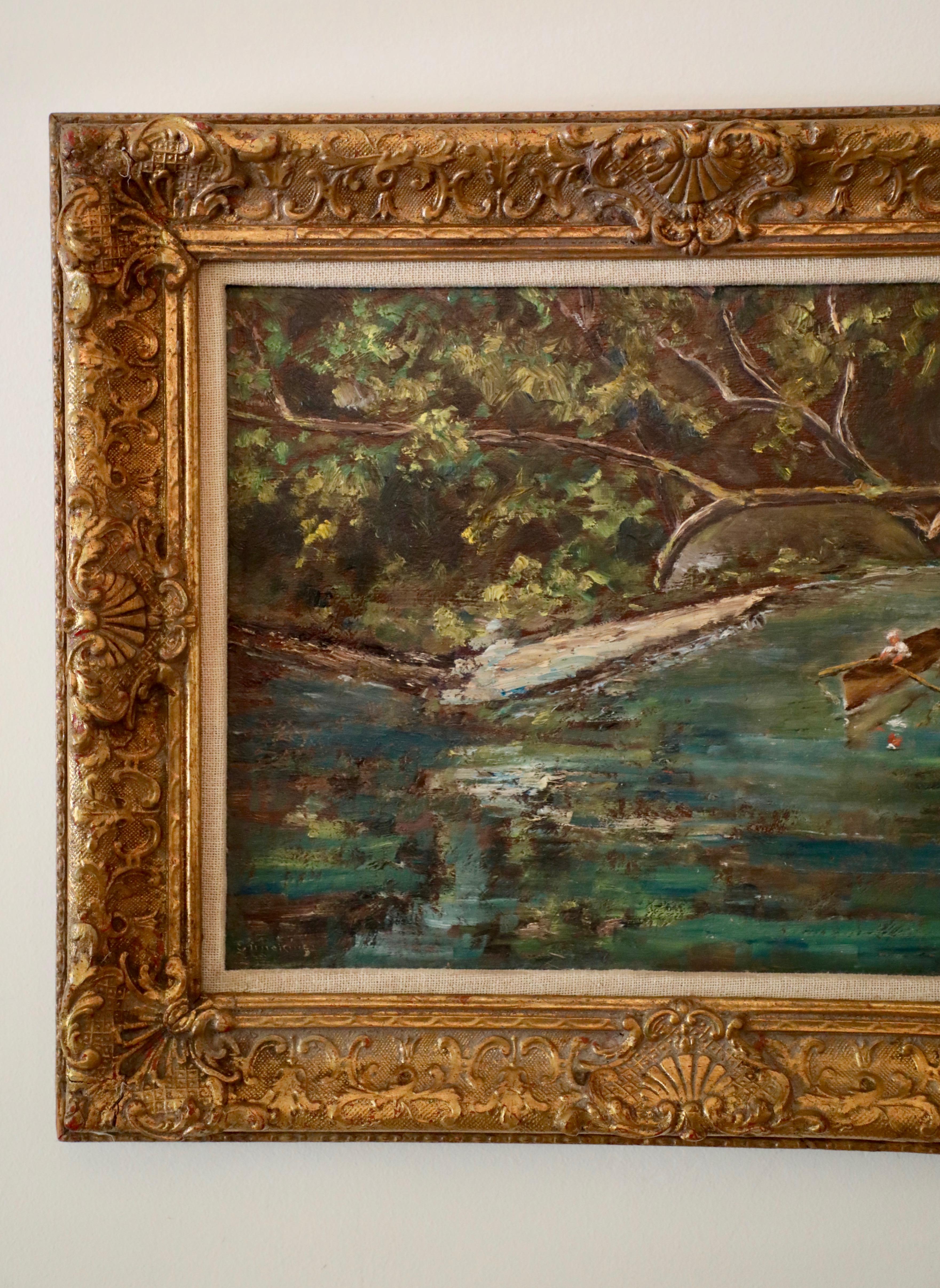 This is a charming American Impressionist oil on board by John Joseph Enneking.  It is housed in an attractive carved gold finished wood frame with a linen liner.  Sight Size: 10 3/4