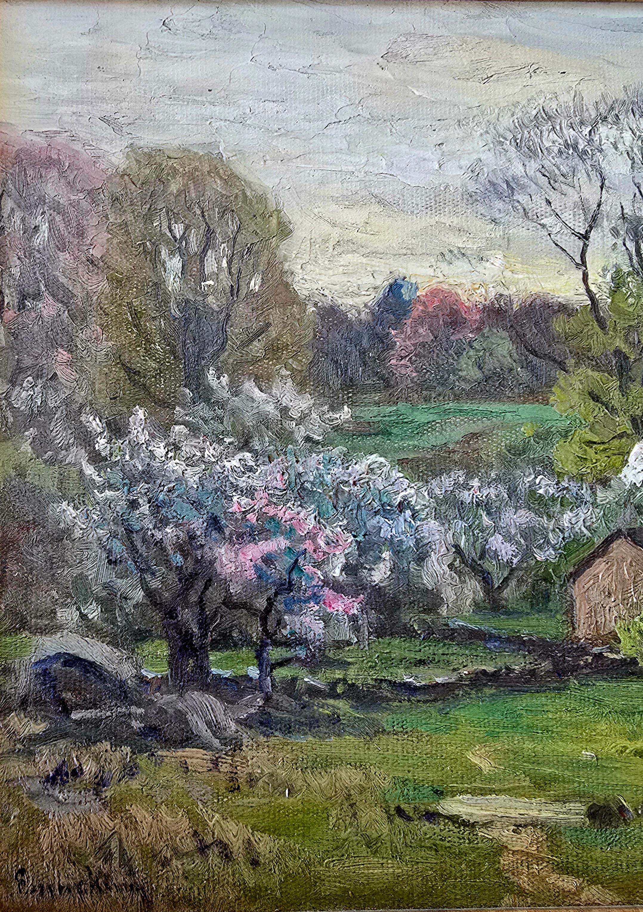 Spring at the Summer House in Hyde Park - Gray Landscape Painting by John Joseph Enneking