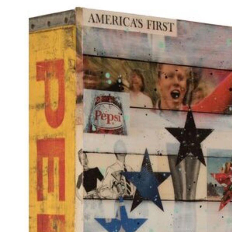 America's First, Pop Art Collage & Painting on Vintage Soda Crate For Sale 1