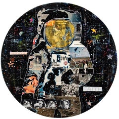 FAITH / Runder Astronaut-Collage mit goldenem Helm, Mixed Media