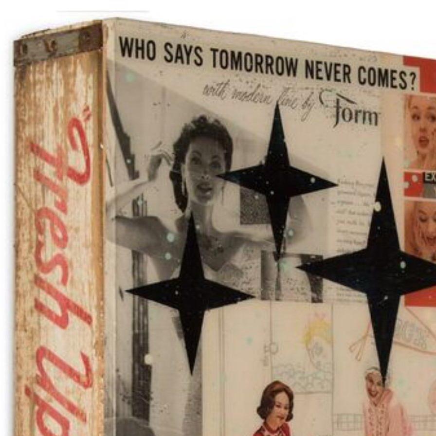 Who Says Tomorrow Never Comes, Pop Art Collage & Painting on Vintage Soda Crate For Sale 2