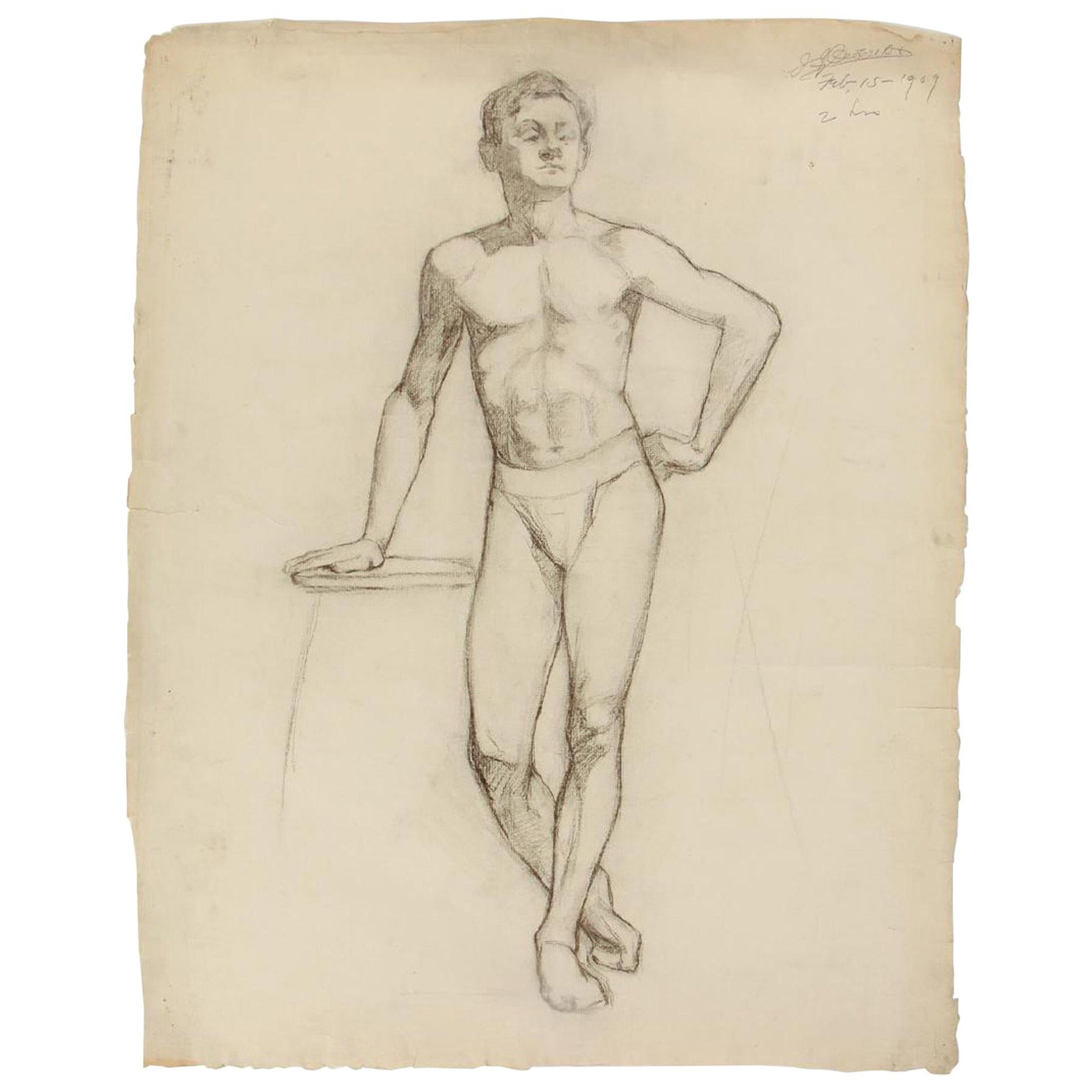 John Joseph Owens Male Nude Figure Study, 1909, Charcoal on Paper, Signed, Dated